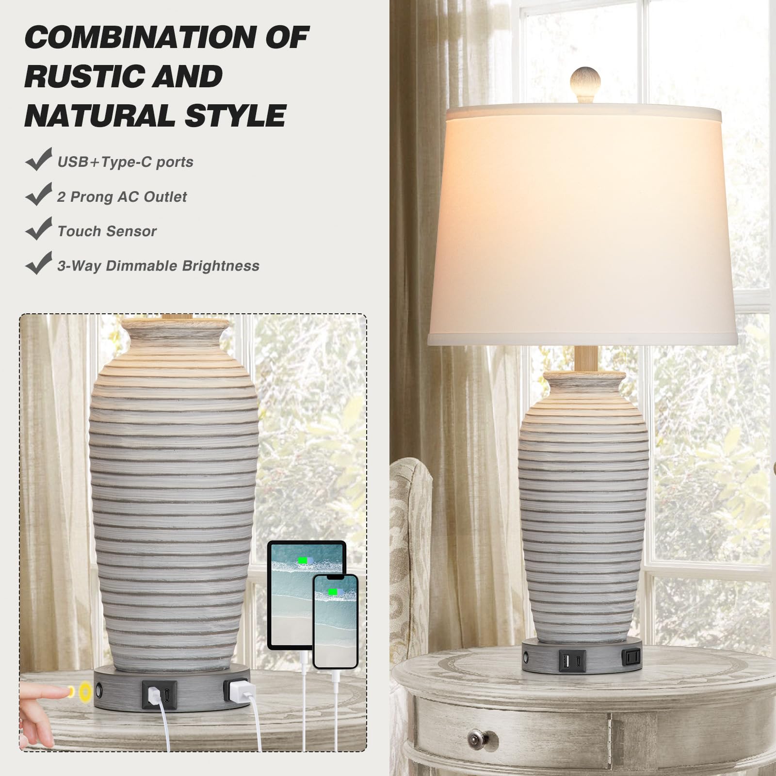 CINSARY 25" Farmhouse Jar Table Lamps Set of 2, Grey & White, Touch Control with USB Ports & AC Outlet, LED Bulbs Included