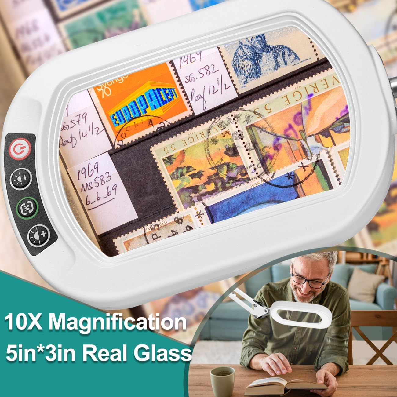 IVMAIE 10X Magnifying Glass with Light, Stepless Dimmable, Clamp Desk Lamp, Metal, White, Model JZ602