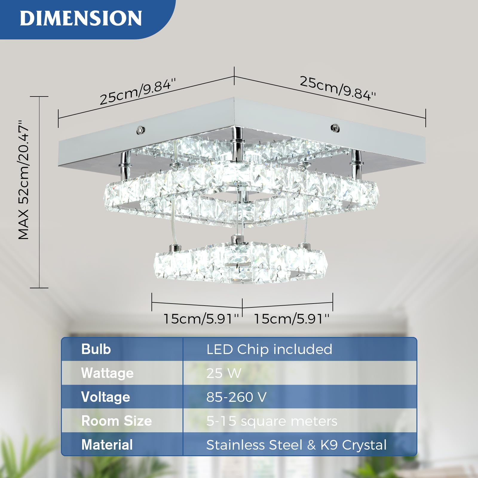 Rheafon Crystal Chandelier 9.8 Inch Modern Led Chandeliers Crystal Ceiling Light Fixtures 2 Layers Flush Mount Ceiling Light Bed