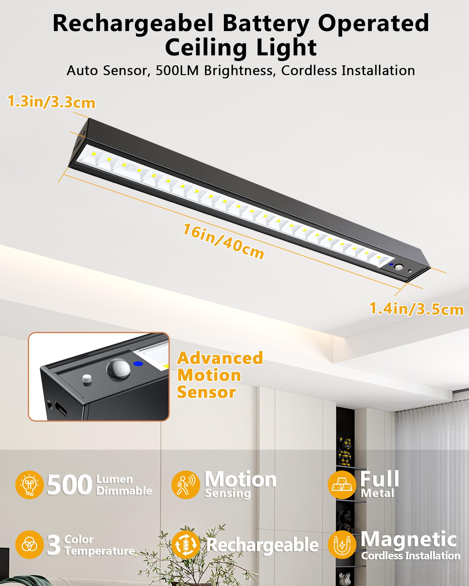 Rechargeable Motion Sensor Ceiling Light, Full Metal Battery Powered Led Closet Light, 3 Color 500Lm Dimmable With Remote & Time