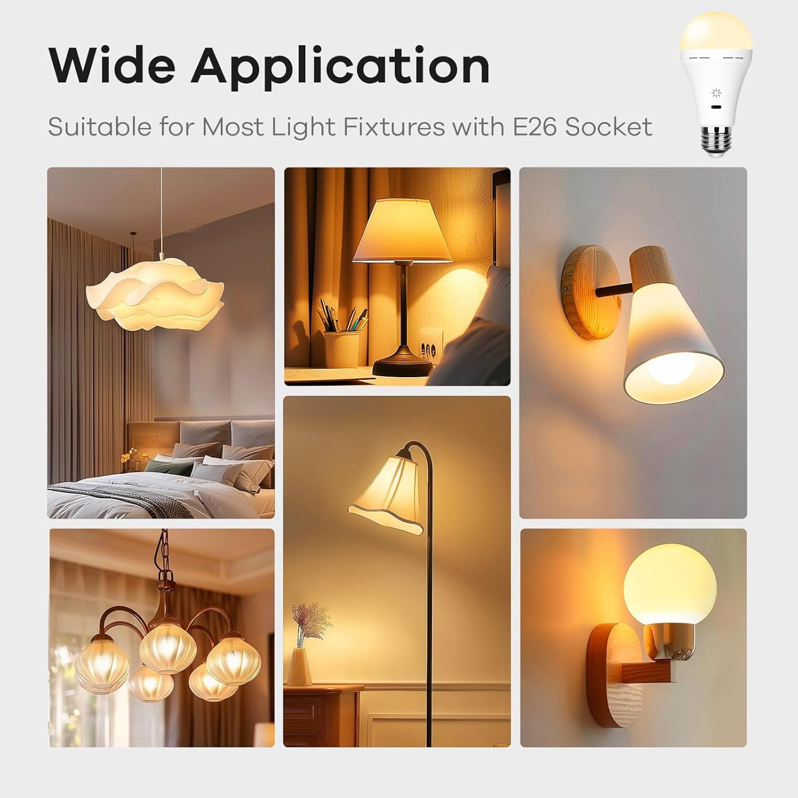 Usb Rechargeable Light Bulb With Remote Control, 3 Color Temperature Led Dimmable Battery Powered Light Bulbs, E26 8W Touch Cont