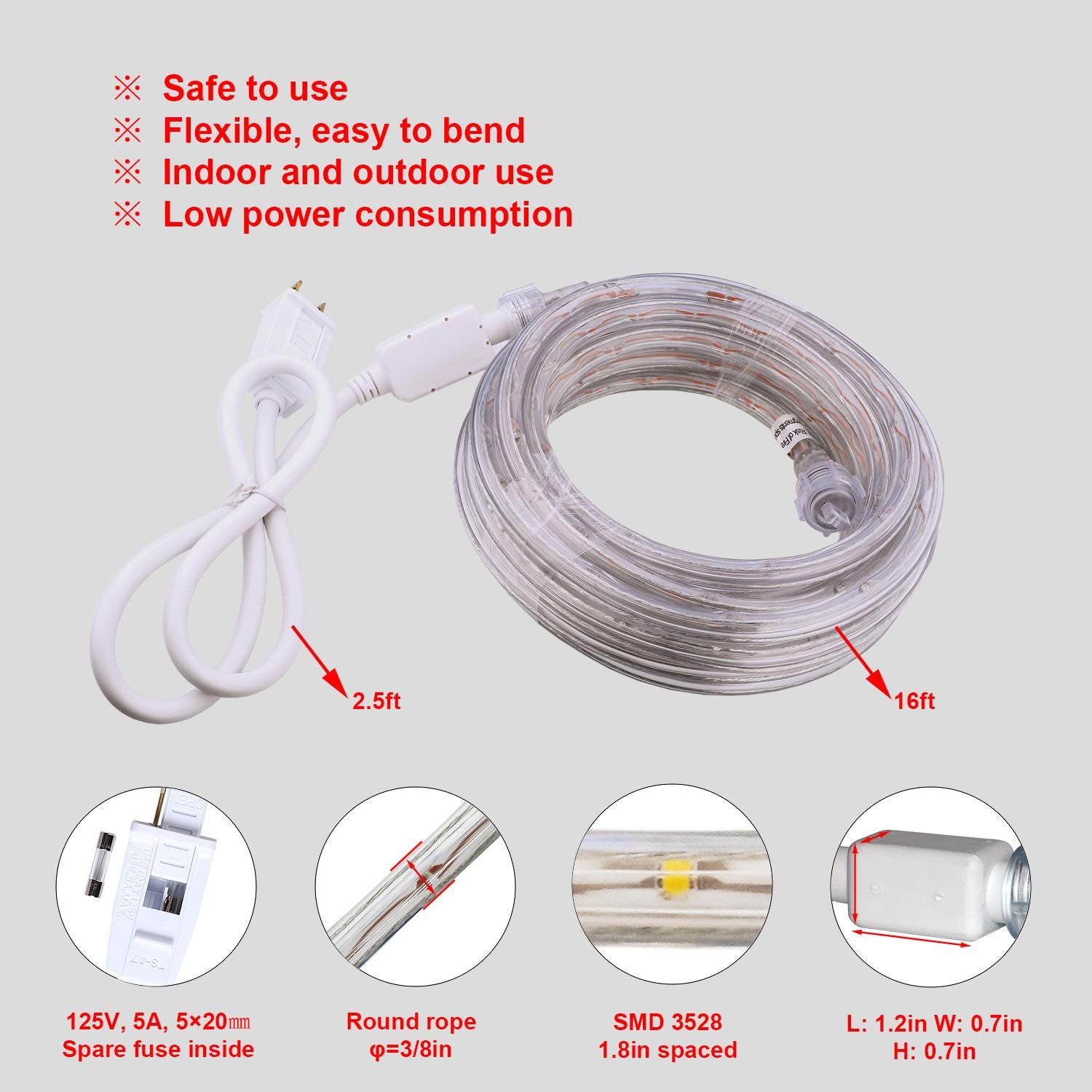 Areful Red LED Rope Lights, 16ft Waterproof Flexible Strip Lighting, 3528 LEDs, High Brightness, Model LED-MLF-2W-16FT-EX-R-1.