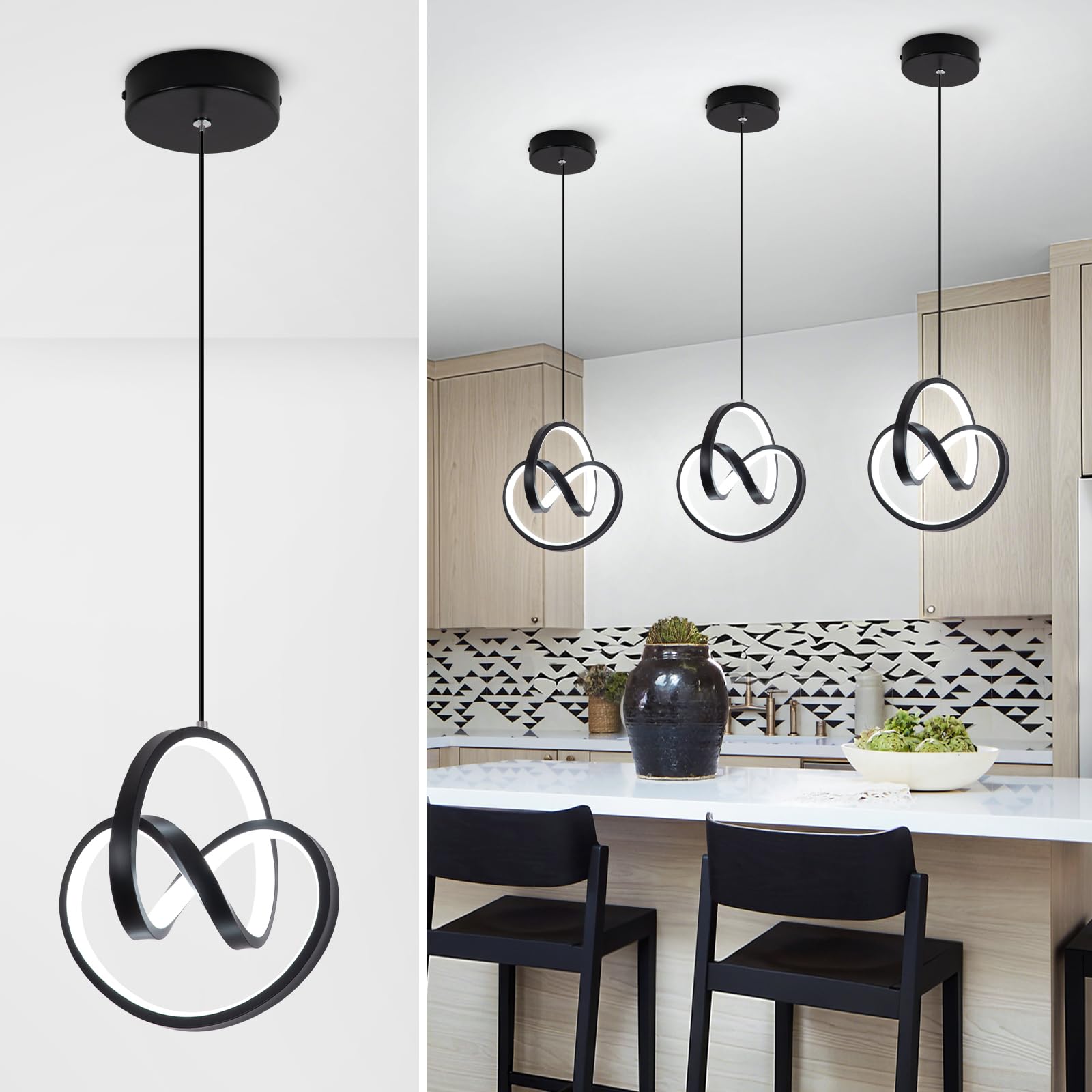 Sovinzert Modern LED Pendant Light Fixtures 6000K Pendant Lights Kitchen Island Lighting Adjustable Height Black Hanging Lamp for Dining Room Bedroom Living Room 3 Packs
