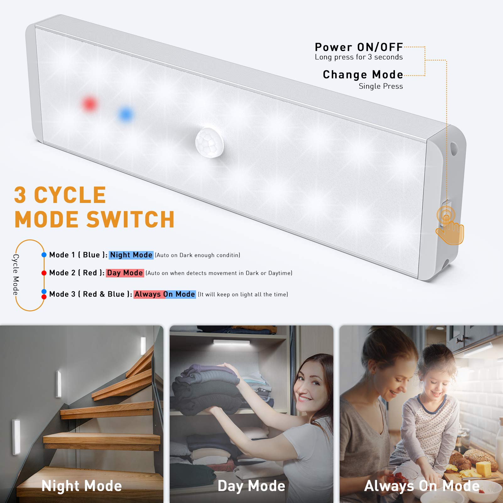 Lightbiz LED Closet Light - 5 Pcs USB Rechargeable Motion Sensor, Wireless Under Cabinet Lighting, White, Model P150