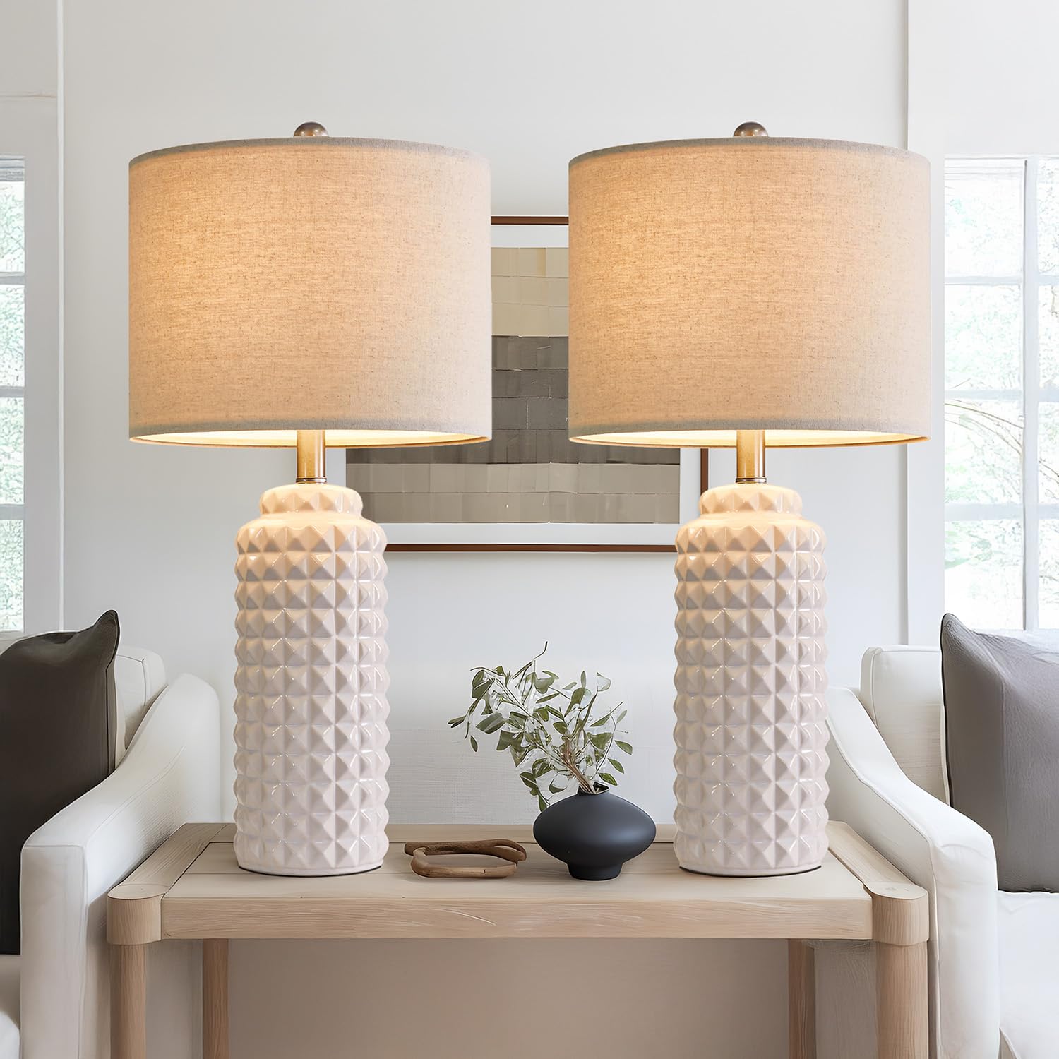 G-Safava 24.5&quot; White Ceramic Table Lamps - Set Of 2 Modern Bedside & Living Room Lighting