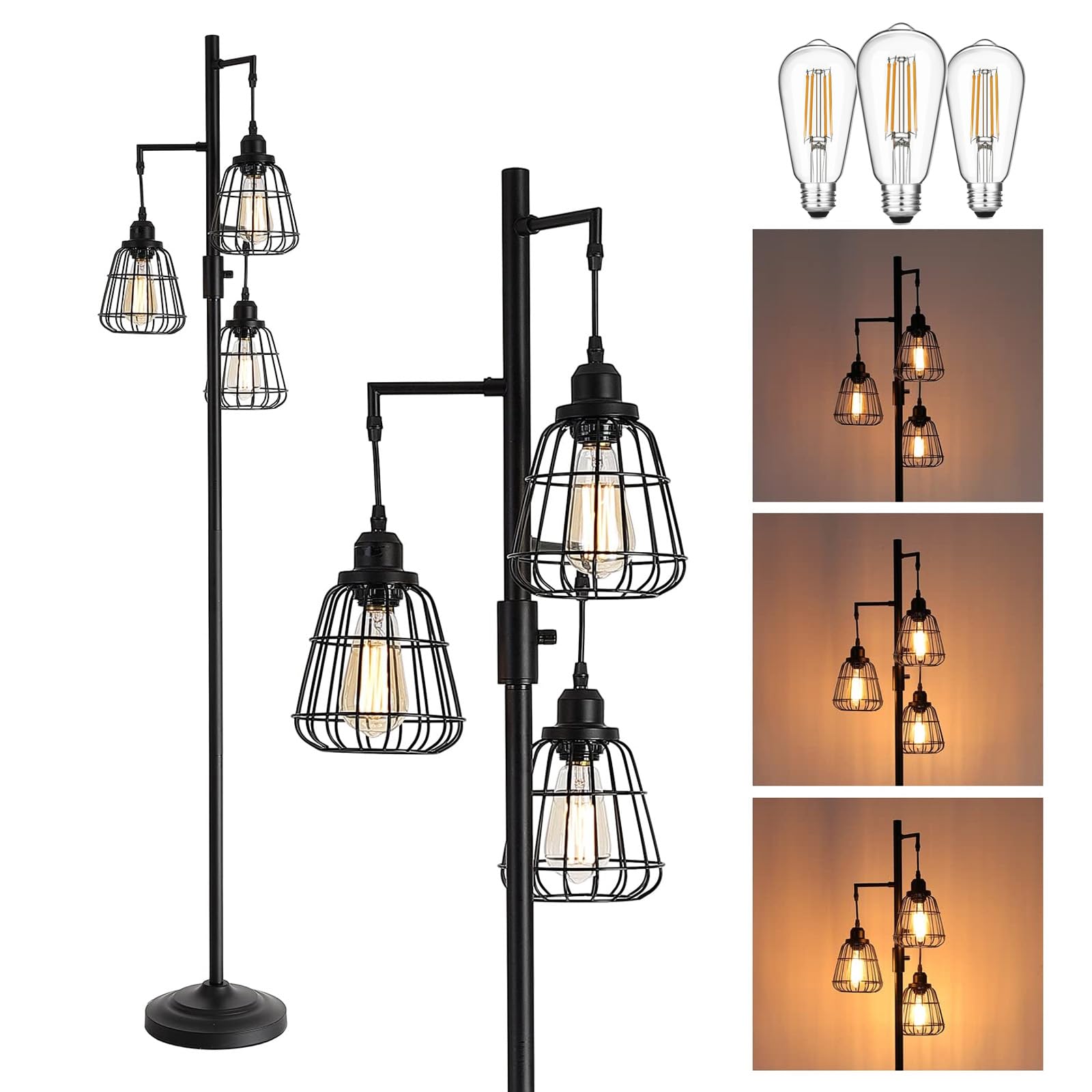 9MMML 68Living Room Floor Lamp, Industrial Farmhouse 3 Teardrop Cage Standing Lamp,Black Tall Floor Lamp for Bedroom Office, 3 L