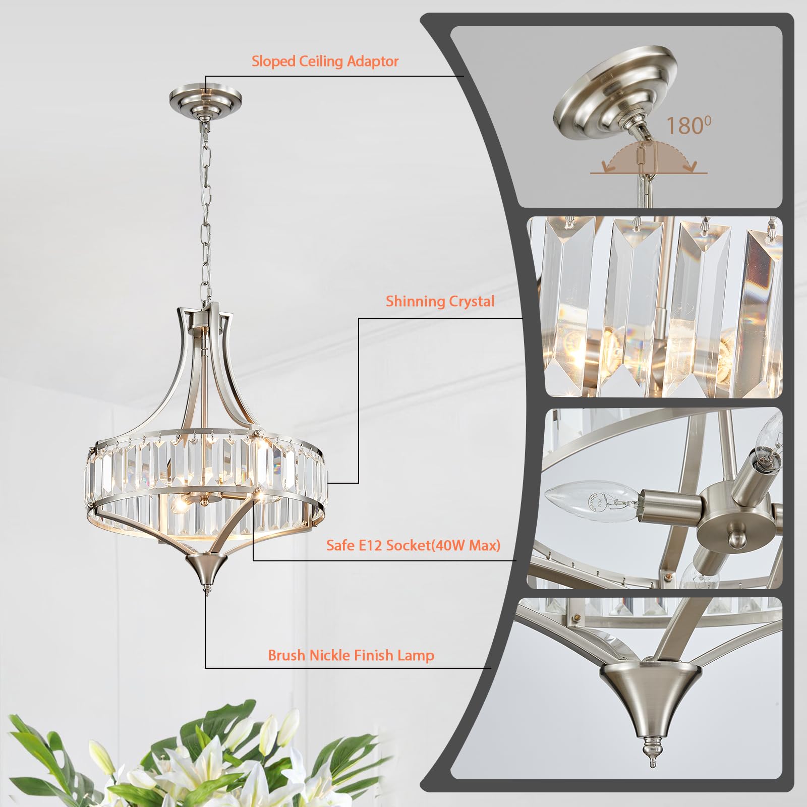 Majhoiw 4-Light Rustic Farmhouse Chandelier, Round Metal Shade, Brushed Nickel, Ideal for Dining Room, Hallway, Bedroom, Foyer