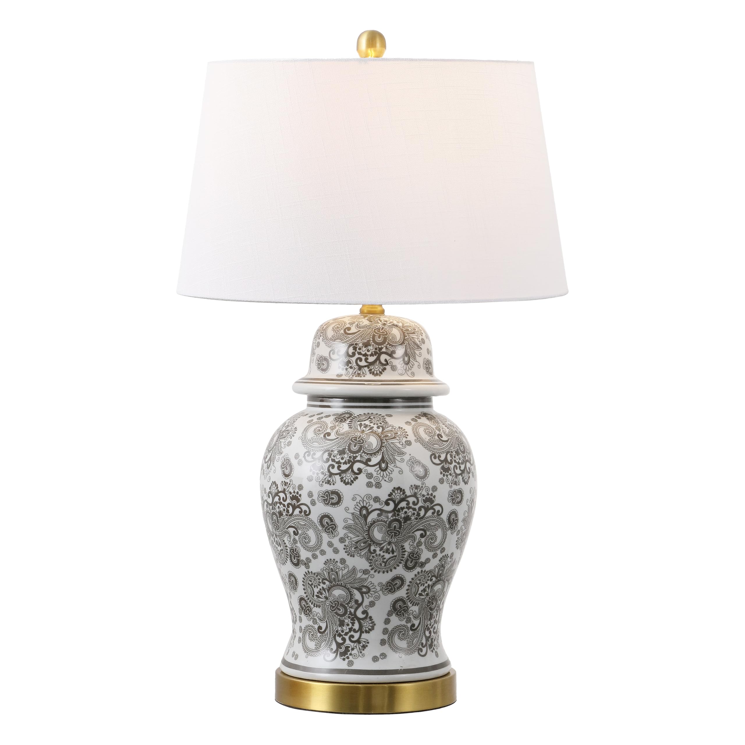 JONATHAN Y 29.5 Gray/White Ceramic Table Lamp for Living Room and Office, White Linen Drum Shade, Traditional Chinoiserie Ginger