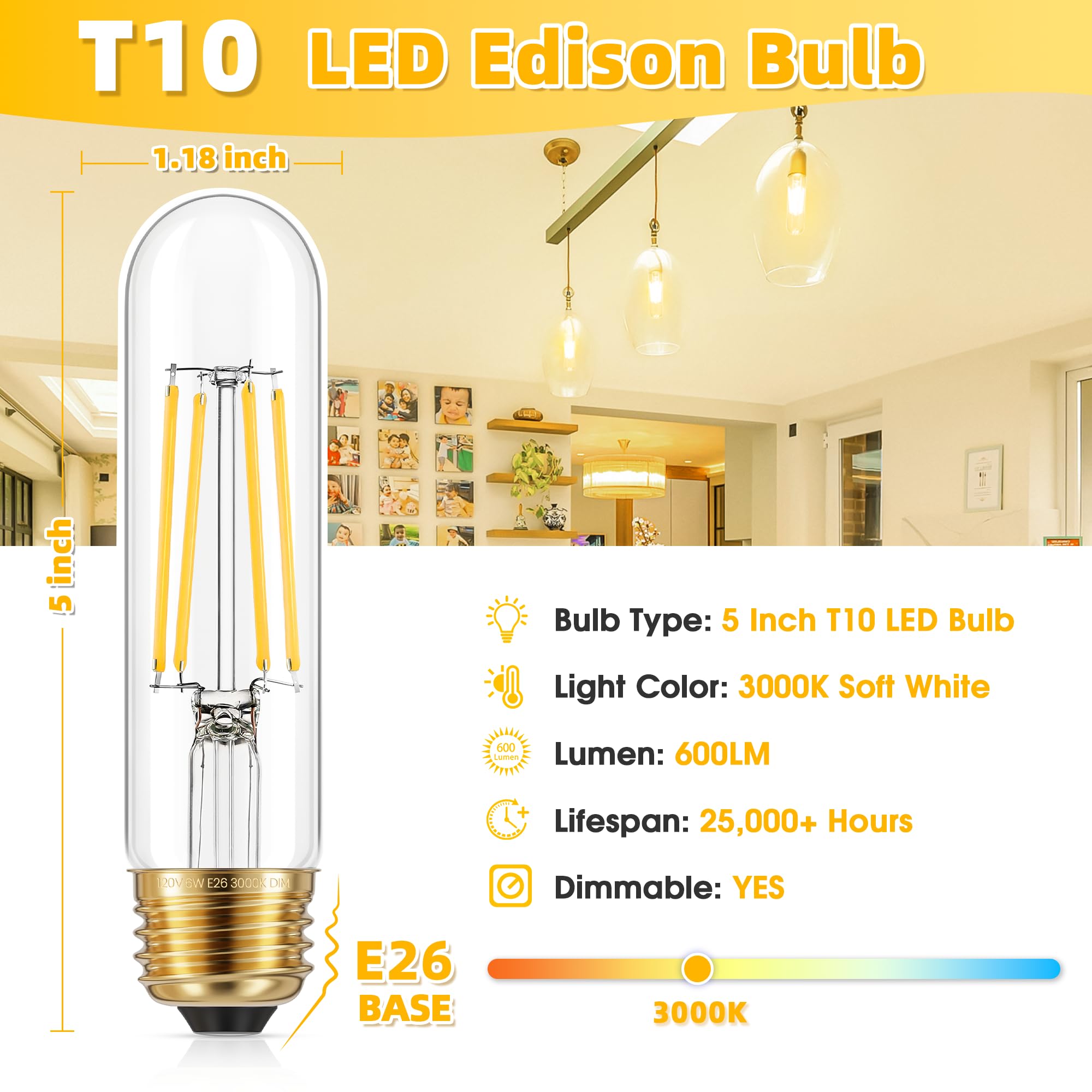 Ggoying Dimmable E26 Led Bulb 60W Equivalent, 600Lm Soft White 3000K E26 Edison Bulbs, 6W Tubular T10 Led Bulb For Rustic Pendan