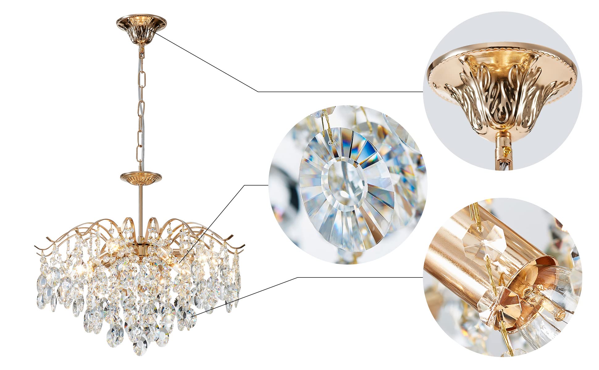 SM Saint Mossi 5-Light Gold Crystal Chandelier, Modern Pendant Light, D20 x H17, Adjustable 59" Chains, Alloy Steel, Shiny Copper Finish