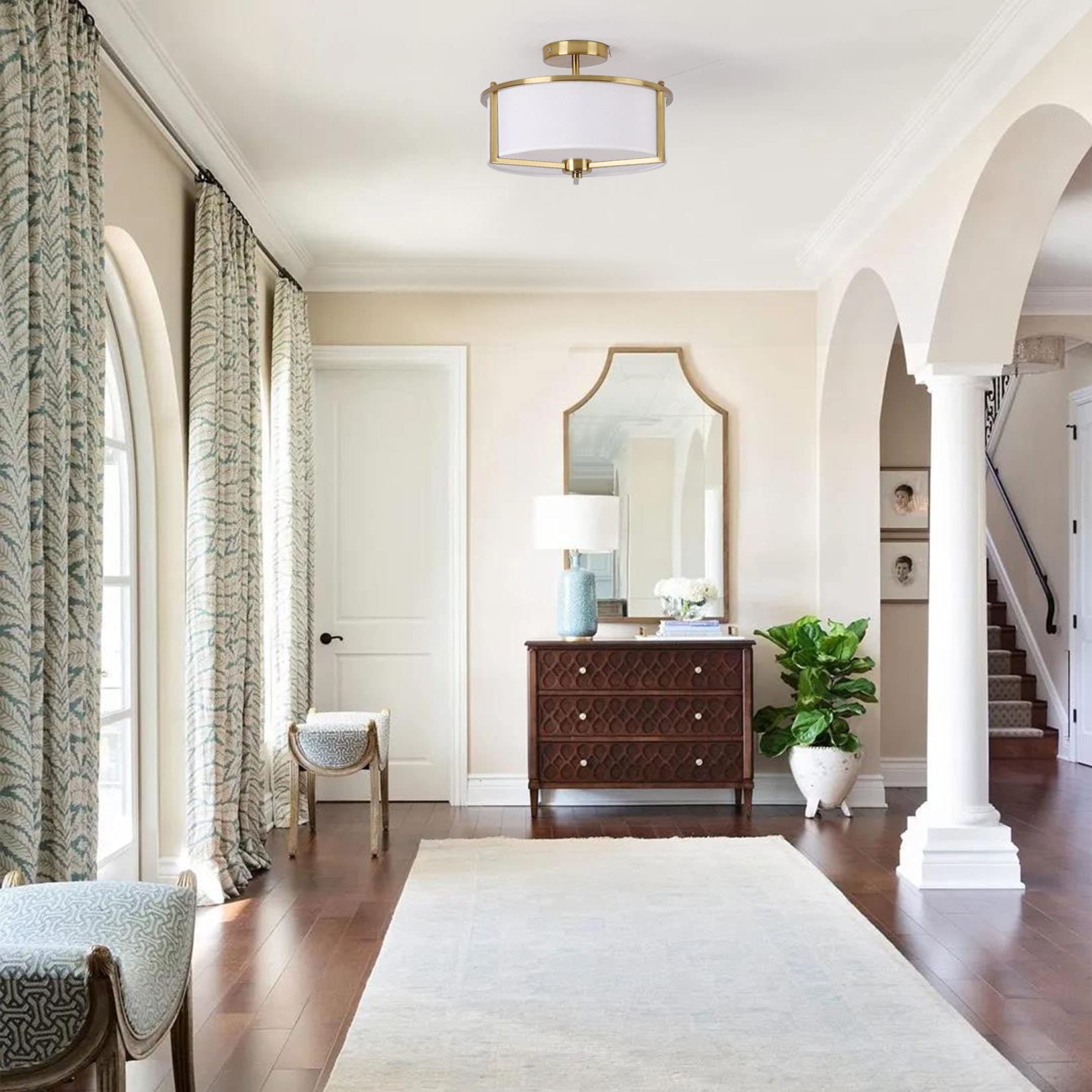 Bargeni 13&quot; Antique Brass Semi Flush Mount Ceiling Light With Fabric Shade For Bedroom & Hallway