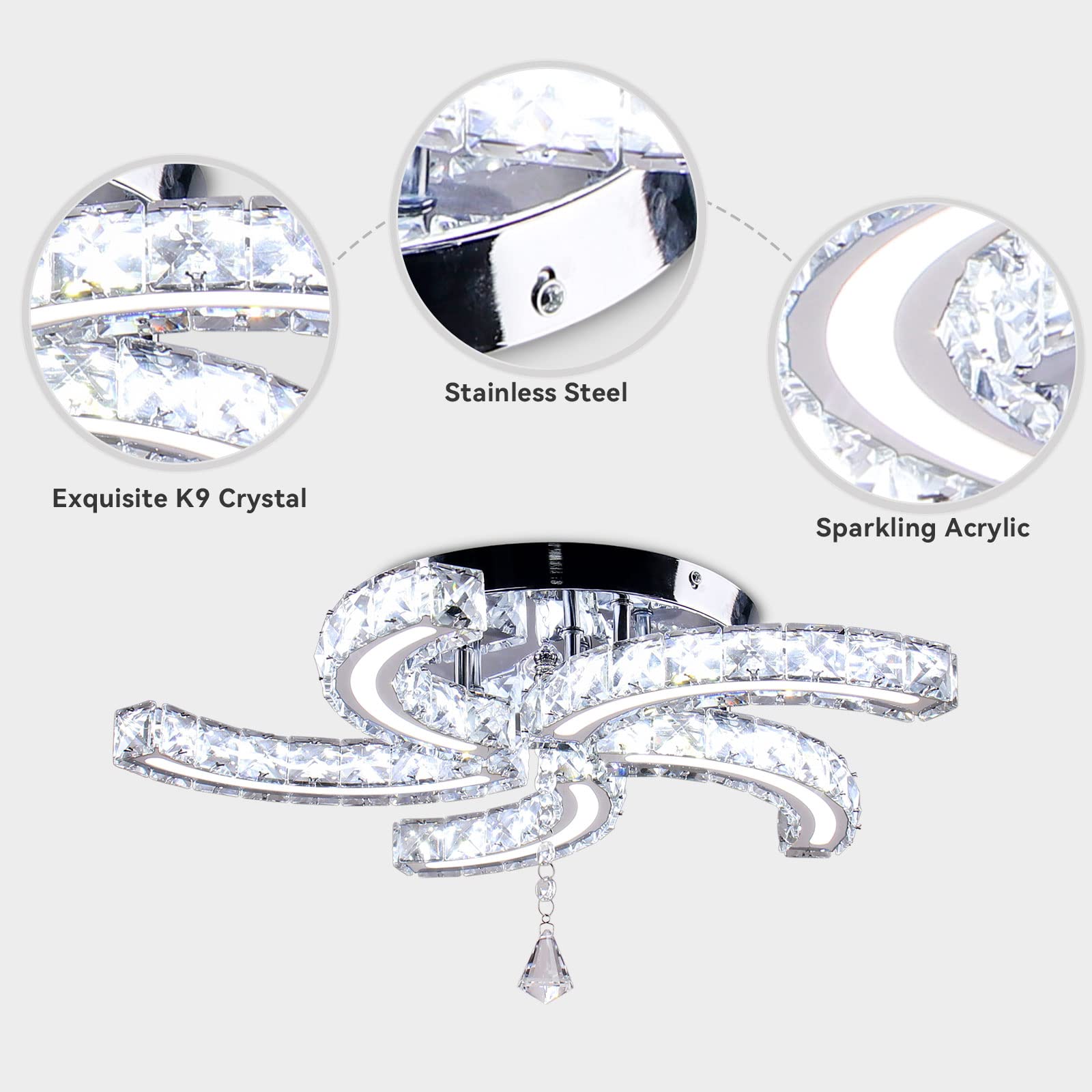 FRIXCHUR Modern Crystal Chandelier 5 Arms LED Light Fixture Flush Mount Dimmable with Remote, Acrylic, US-MC082-YKL