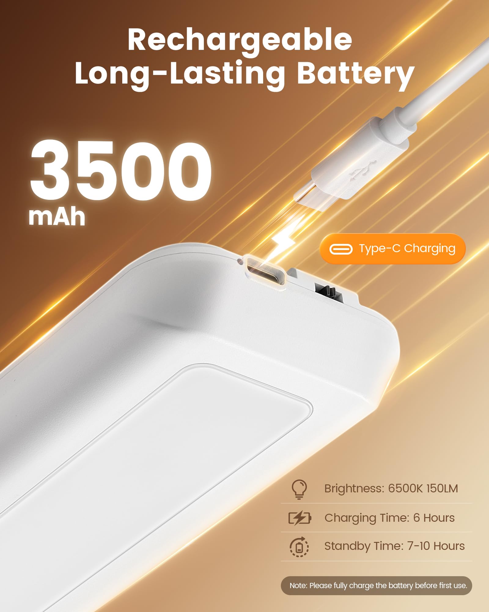 SURAIELEC Rechargeable Under Cabinet Light, 6500K, 150LM, Wall Switch & Motion Sensor, White, Model UUCL11A, 1-Pack