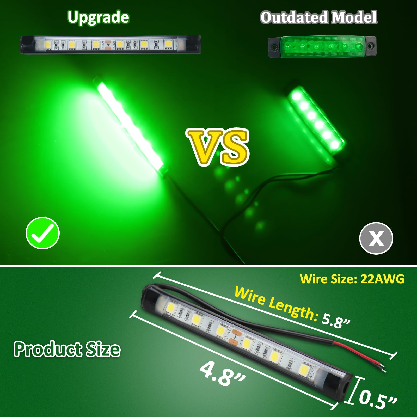 Botepon Marine LED Boat Interior Lights, IP67 Waterproof, No Drill, Green, Model BP-6led-strip light-10 for Deck/Cockpit Lighting