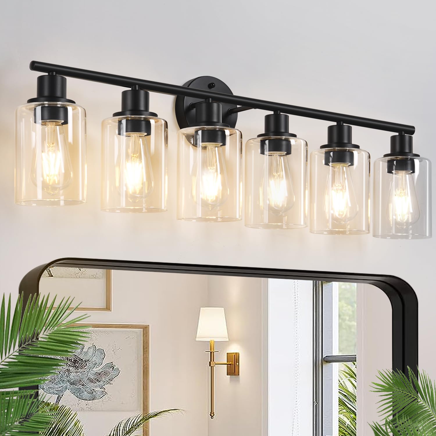 Zarbitta 6-Light Bathroom Light Fixtures, Black Modern Vanity Lights, Clear Glass Shade, Model YX-062, Matte Black