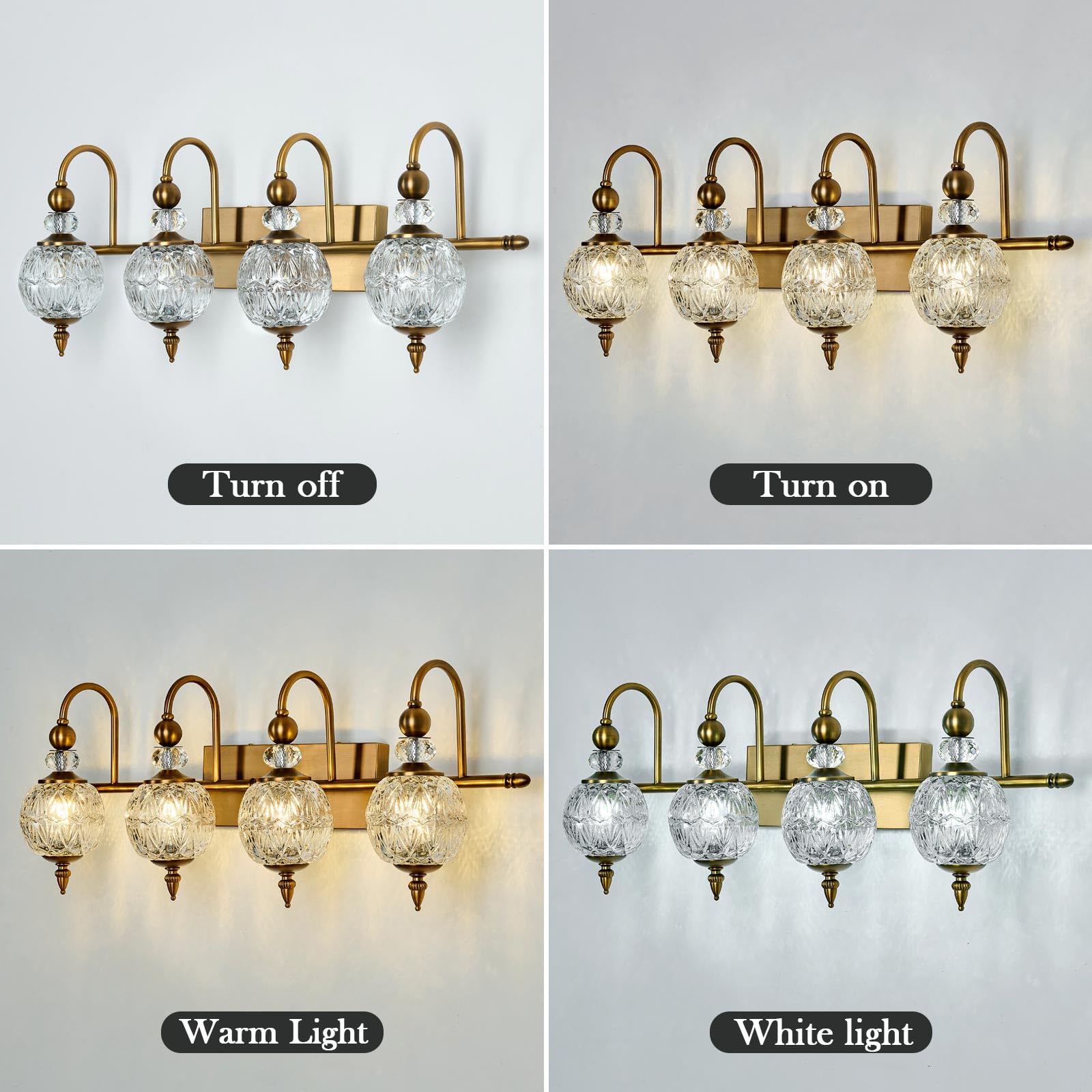 Piepooye Vintage Bathroom Light Fixtures - 4 Light Gold Vanity Sconce with Glass Globe, Brushed Brass, Model R-3033, Ideal for Indoor Use