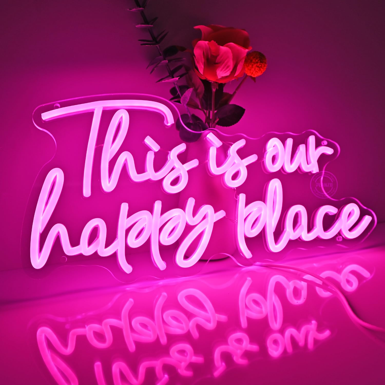 Planzo Neon Wall Sign, inThis is Our Happy Placein, Pink LED Acrylic, 16.54 x 8.07 inches, Home Bar Decor, Wedding Party Gift