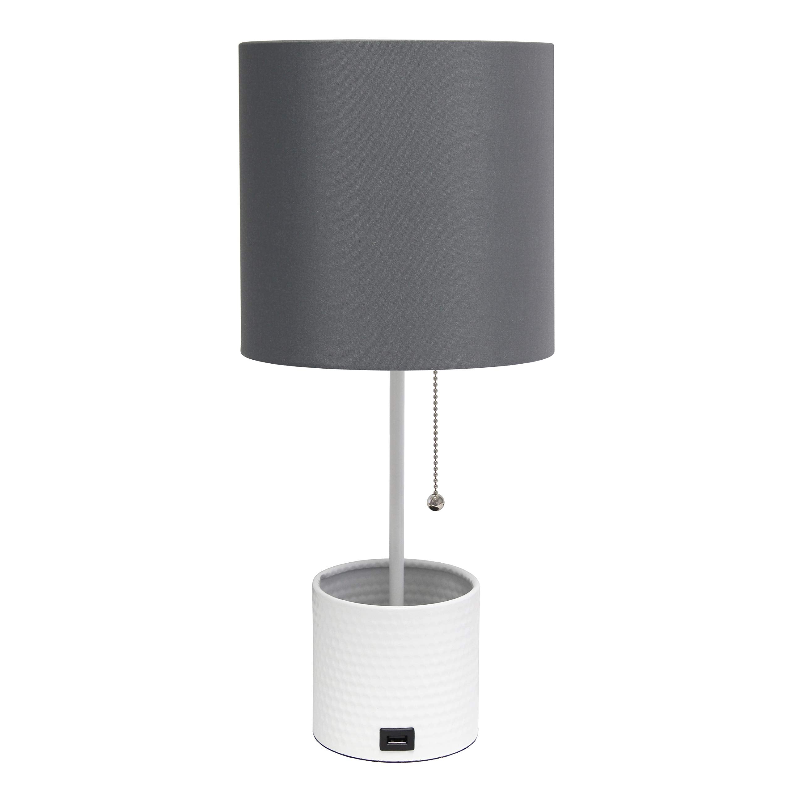Simple Designs Lt1085-Gow White Hammered Metal Organizer Table Lamp With Usb Charging Port And Fabric Shade, Gray