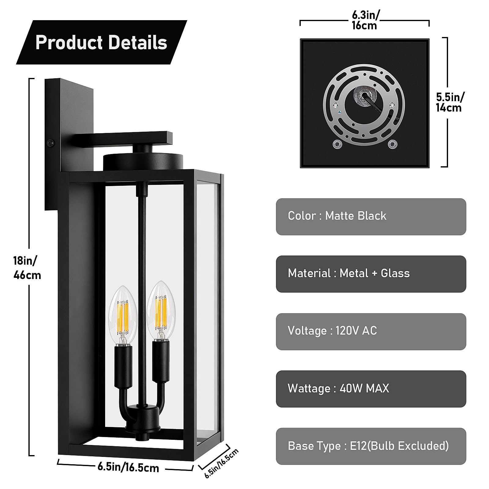 18In Large Outdoor Wall Light Fixtures  Exterior Lighting Fixtures Porch Sconces Wall Mounted  Waterproof Black Outdoor Wall Lanterns Lamps  Outside Lights For House Patio Front Door Entryway  2-Pack