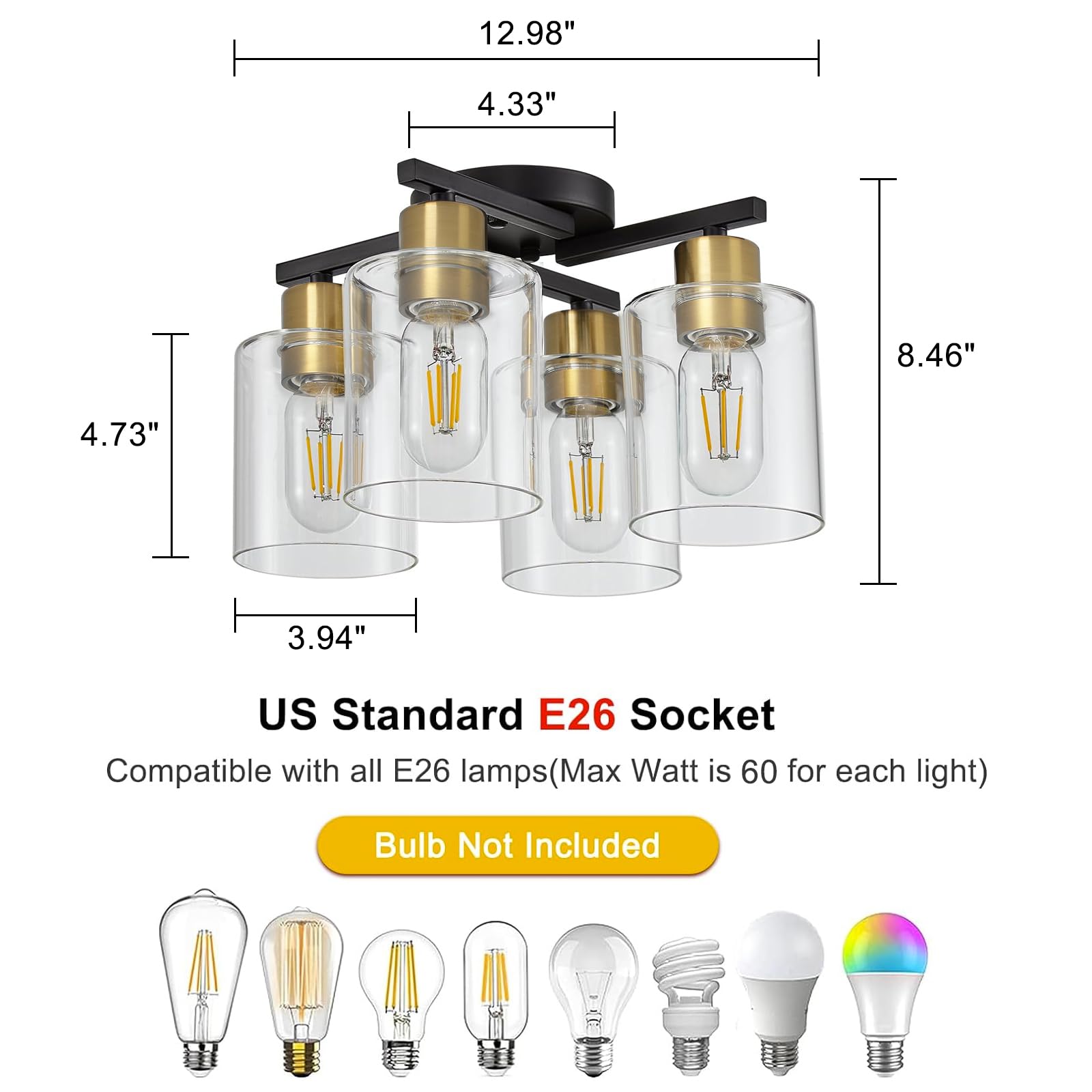 Diduio 4-Light Semi Flush Mount Ceiling Light, Black And Gold Kitchen Lighting Fixtures Ceiling, Farmhouse Ceiling Light With Cl