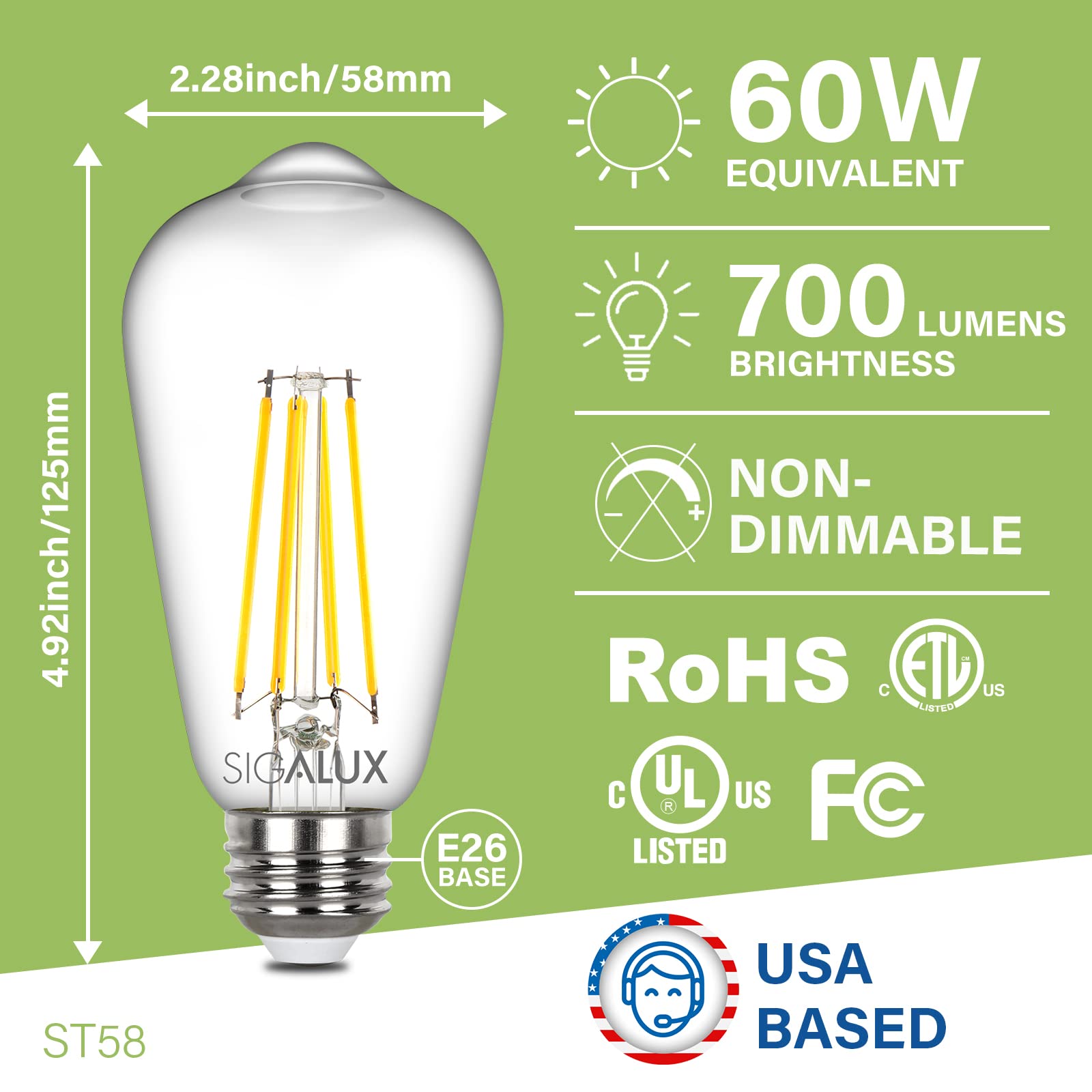 Sigalux E26 LED Bulb ST58 Vintage Clear Non-Dimmable 60W Equivalent 700LM 5000K 4 Pack