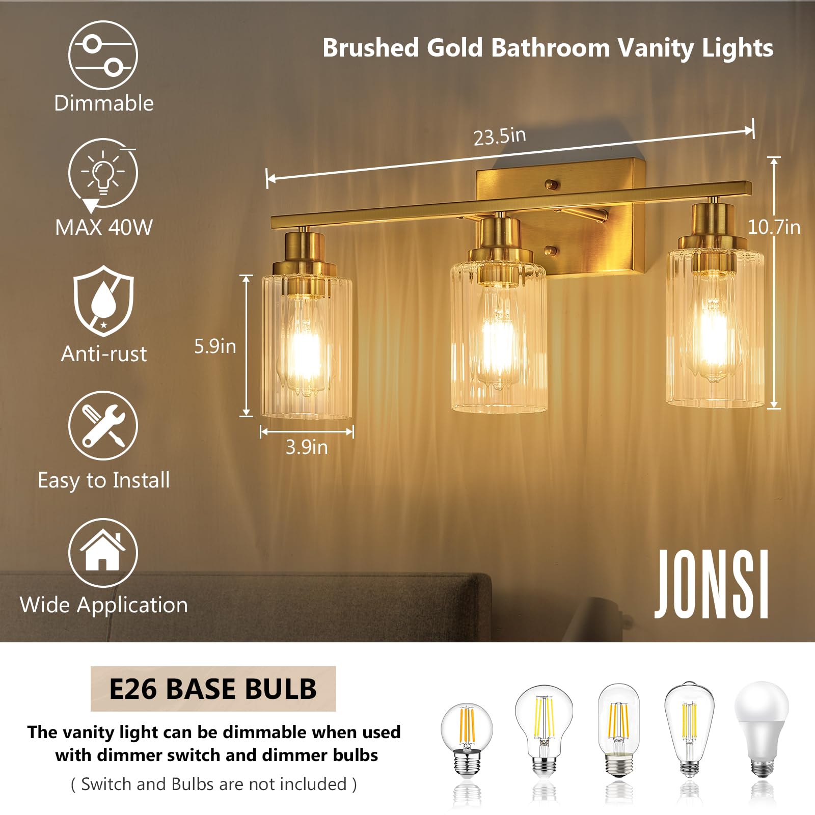 Jonsi 3-Light Gold Bathroom Vanity Light Fixtures, Brushed Gold with Fluted Glass Shade, Model X003W-3AGB, 23.5 Inch