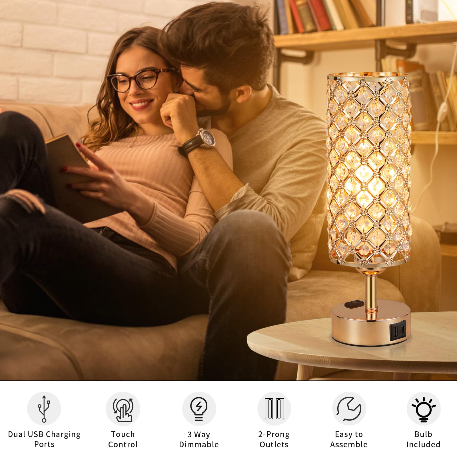 Hong-in Crystal Table Lamp - Gold Bedside Lamp with USB-C & AC Ports, 3-Way Dimmable Touch Light, Bulb Included, Perfect for Girls' Room