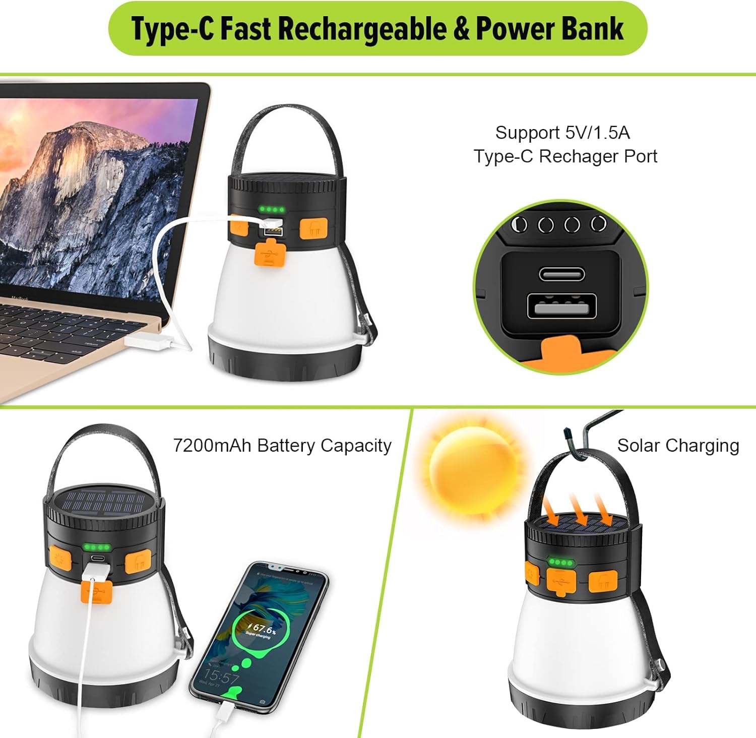 iToncs 6 Pack LED Camping Lantern - 1500 Lumens, Waterproof, 7500mAh, Solar Rechargeable, Orange & Black, Model YF010-6