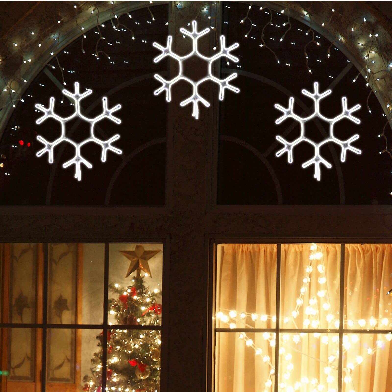 Lamphome [Large 15"X13.3" 360 Led Snowflake Neon Motif Super-Bright White Leds Outdoor Christmas Decoration With Ul Standard Adaptor Waterproof For Outdoor Home Party Wall Hanging Holiday Christmas