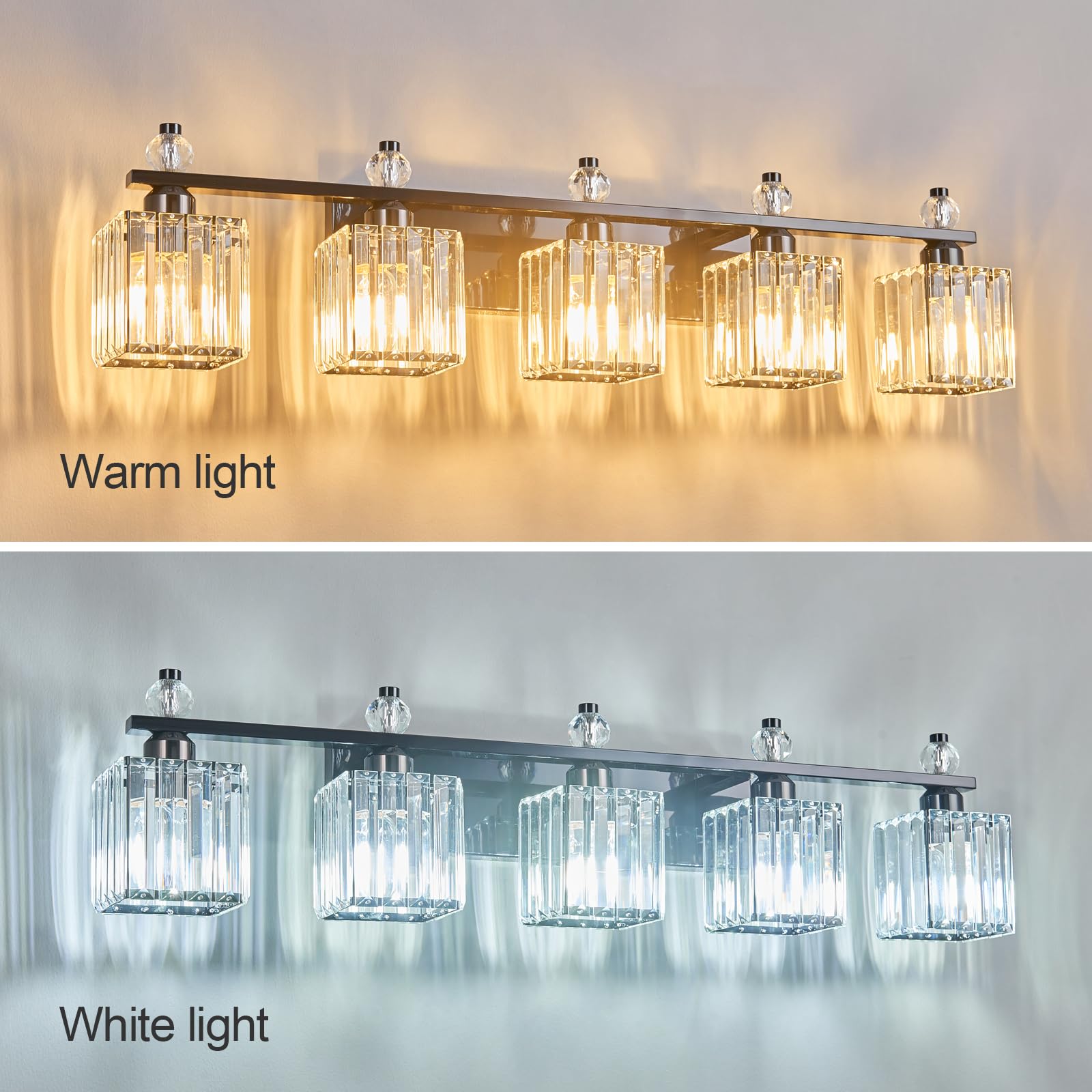 FDPBY 5-Light Crystal Vanity Light Fixtures, Plating Black, Metal, Model 290, Modern Bathroom Lighting Over Mirror