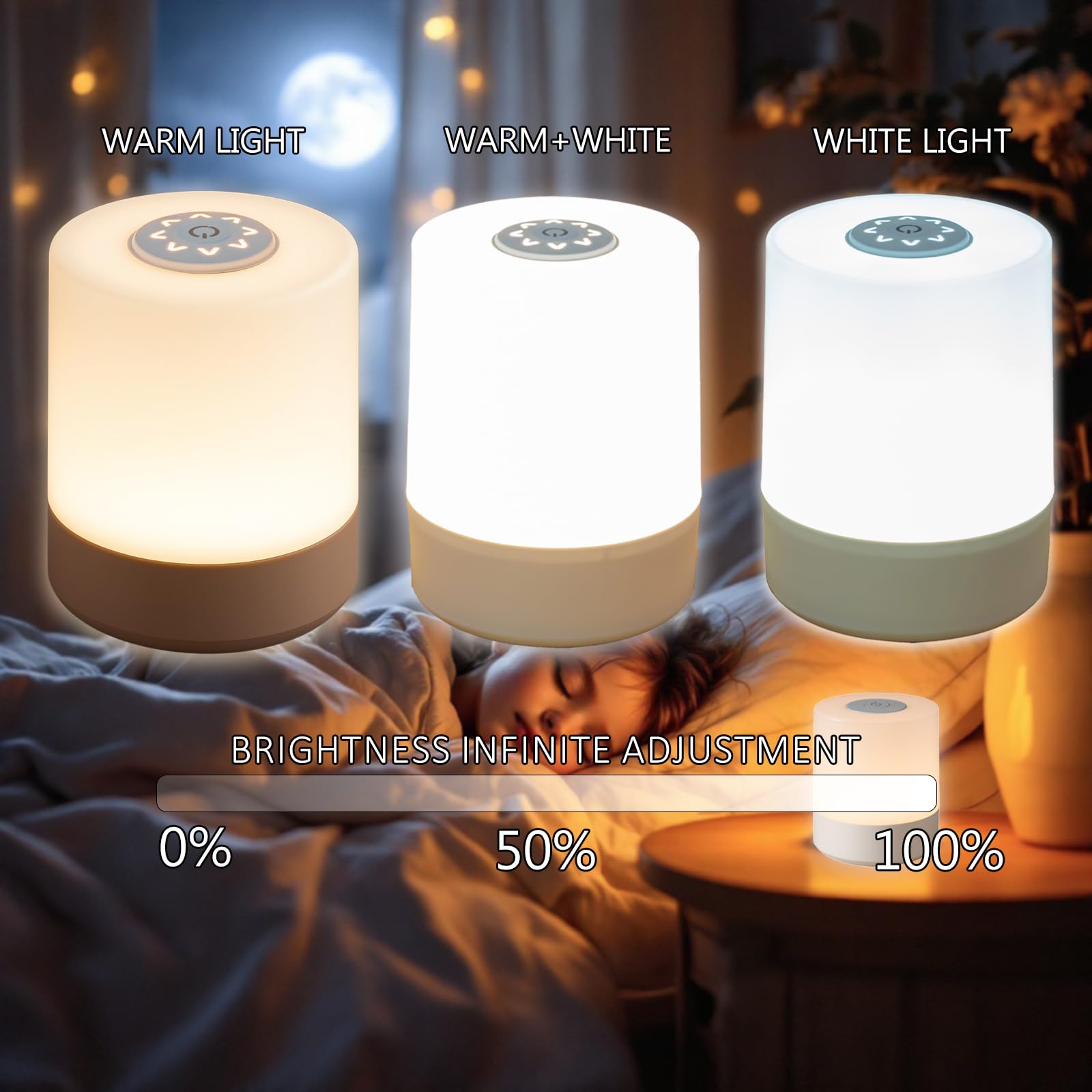 TUUWAI Portable Touch Night Light - 3 Color Dimmable LED, USB Rechargeable, Lightweight for Bedroom & Camping, Model TUU3118, Color A-Light-Touch&Remote