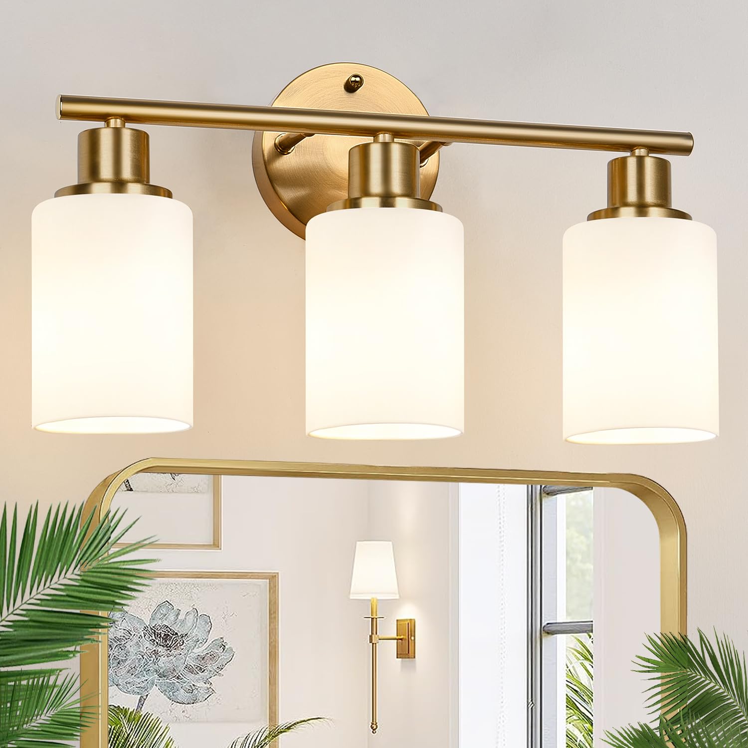 Zarbitta 3-Light Bathroom Light Fixtures, Brushed Gold Vanity Light, Farmhouse Wall Lights With Milky White Frosted Glass Shades
