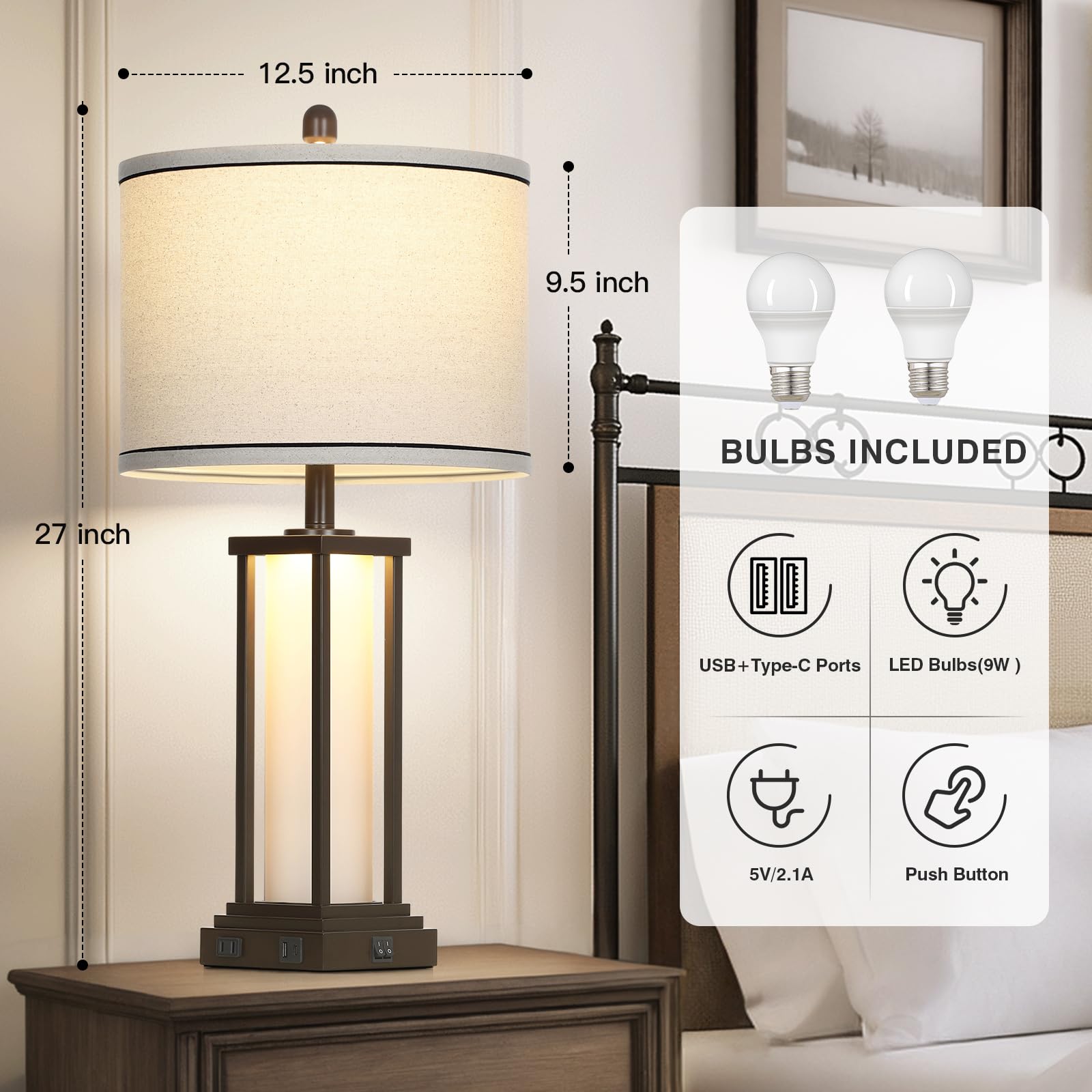 Cinkeda Vintage Table Lamps Set of 2, 27" Tall, Oil-Rubbed Bronze, USB & Outlet, Frosted Glass, Rustic Bedside Lighting for Living Room