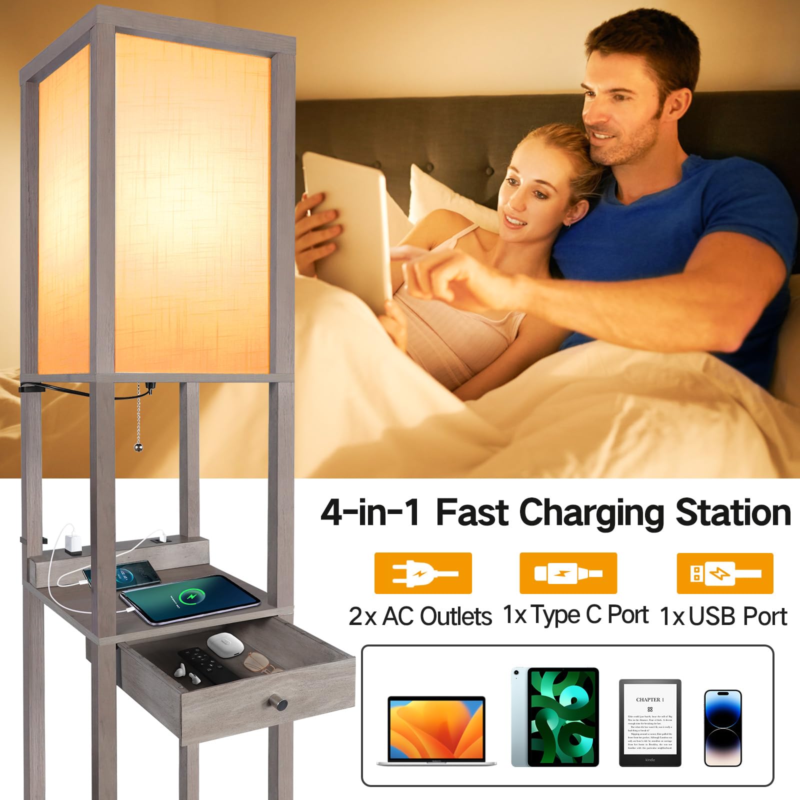 Outon Deluxe Shelf Floor Lamp With 1 Drawer, 2 Usb-C Ports, 2 Ac Outlets, Led Modern Floor Lamp With 3 Color Temperature, Storag