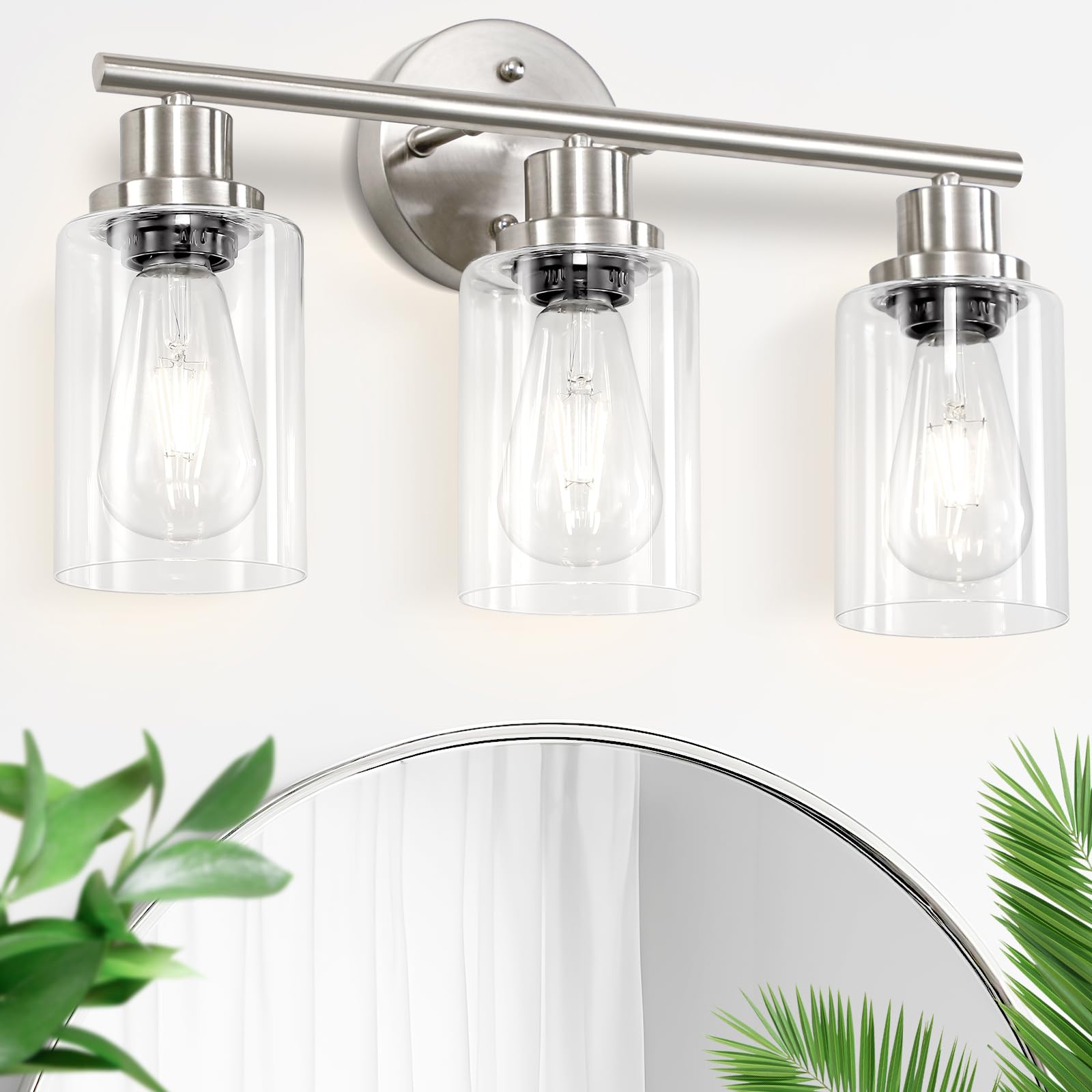 Guliaofo 3-Light Bathroom Vanity Light Fixtures, Brushed Nickel, Clear Glass Shade, Model Gu-111-QGN-3