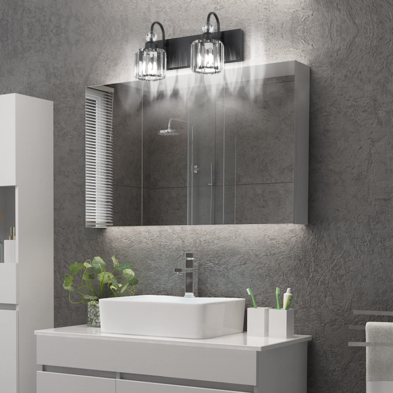 Ralbay 2-Light Vanity Light, Modern Crystal Wall Fixture, Matte Black, Model 8600, Round-Black Metal Bathroom Lighting