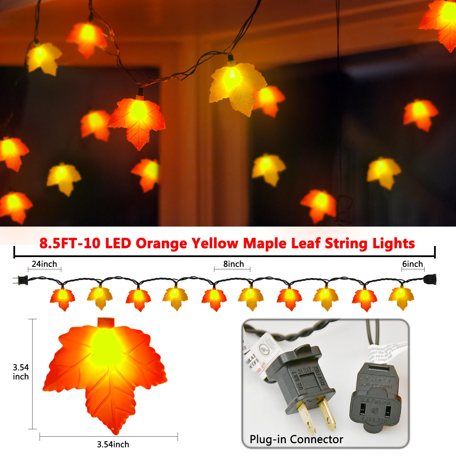 Thanksgiving Lights Indoor, 8.5ft Fall String Lights with 10 3D Orange Yellow Leaf Lights, Thanksgiving Lights Plug in for Home