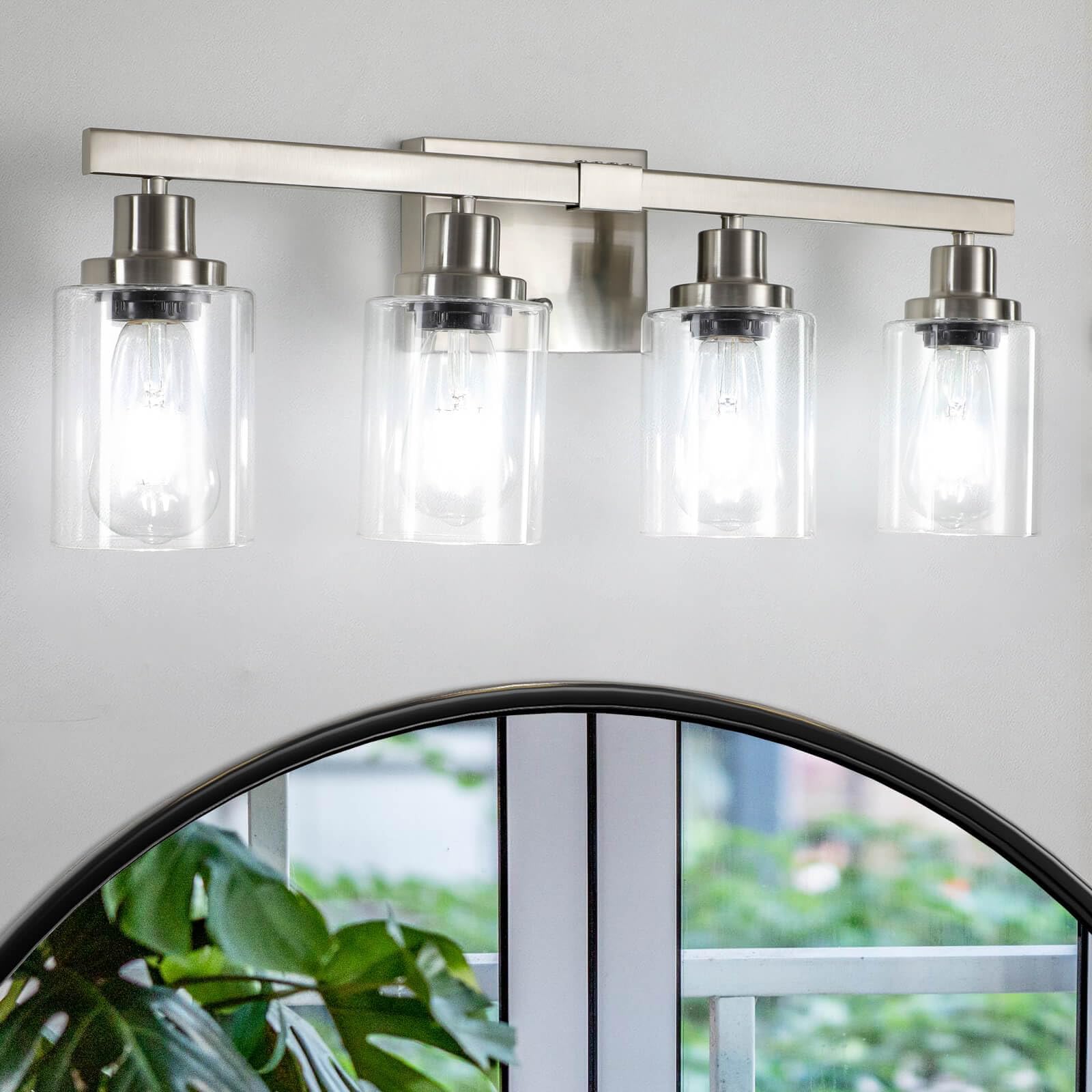DIKAIDA Bathroom Vanity Light, 4-Light Nickel Metal Wall Sconce with Clear Glass Shade, Model NS-4