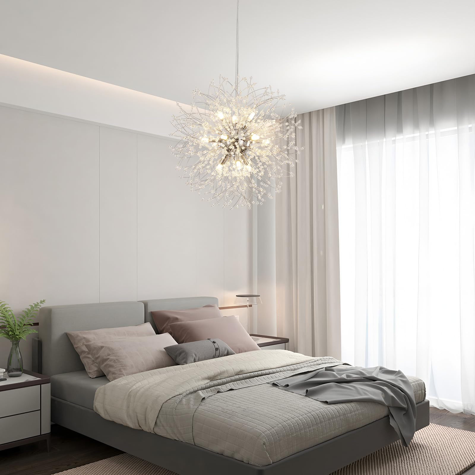 Meijia Modern Crystal Chandelier 12 Lights, 23.6    Dandelion Sputnik Chandeliers Light Fixture Starburst Chrome Chandelier Pend