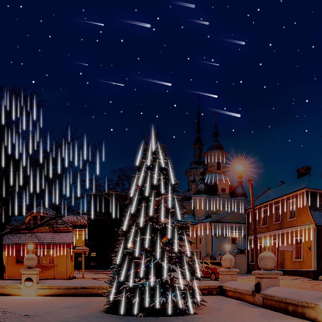 Adecorty Meteor Shower Lights, 8 Tubes, 192LED, White, UL Certified, 26.9ft Outdoor Christmas Decorations