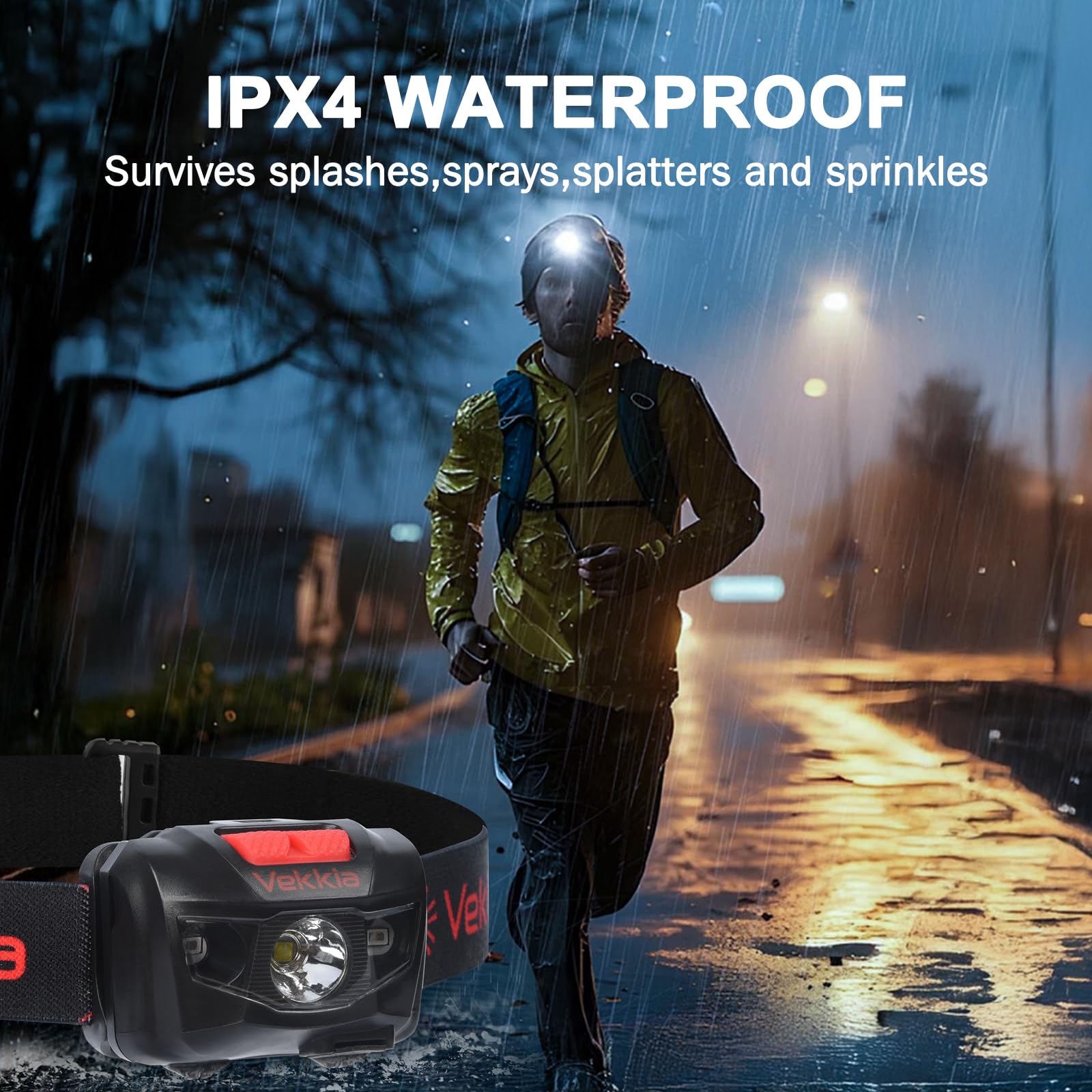 Vekkia LED Headlamp Rechargeable - 5 Lighting Modes, IPX4 Waterproof, Black, Type-C Included, Ideal for Camping, Running, Hiking