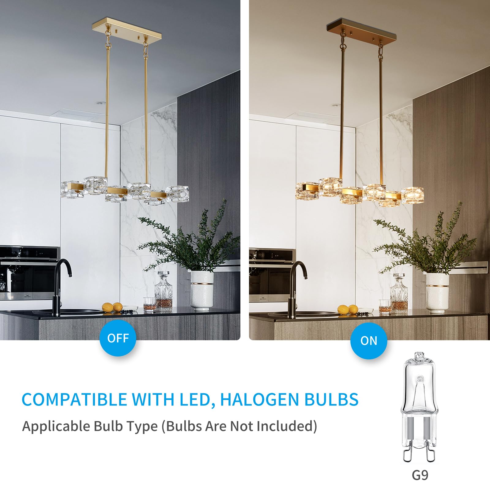 XINGQI 6-Light Gold Linear Chandelier - Metal Industrial Pendant for Kitchen, Dining, Living Room
