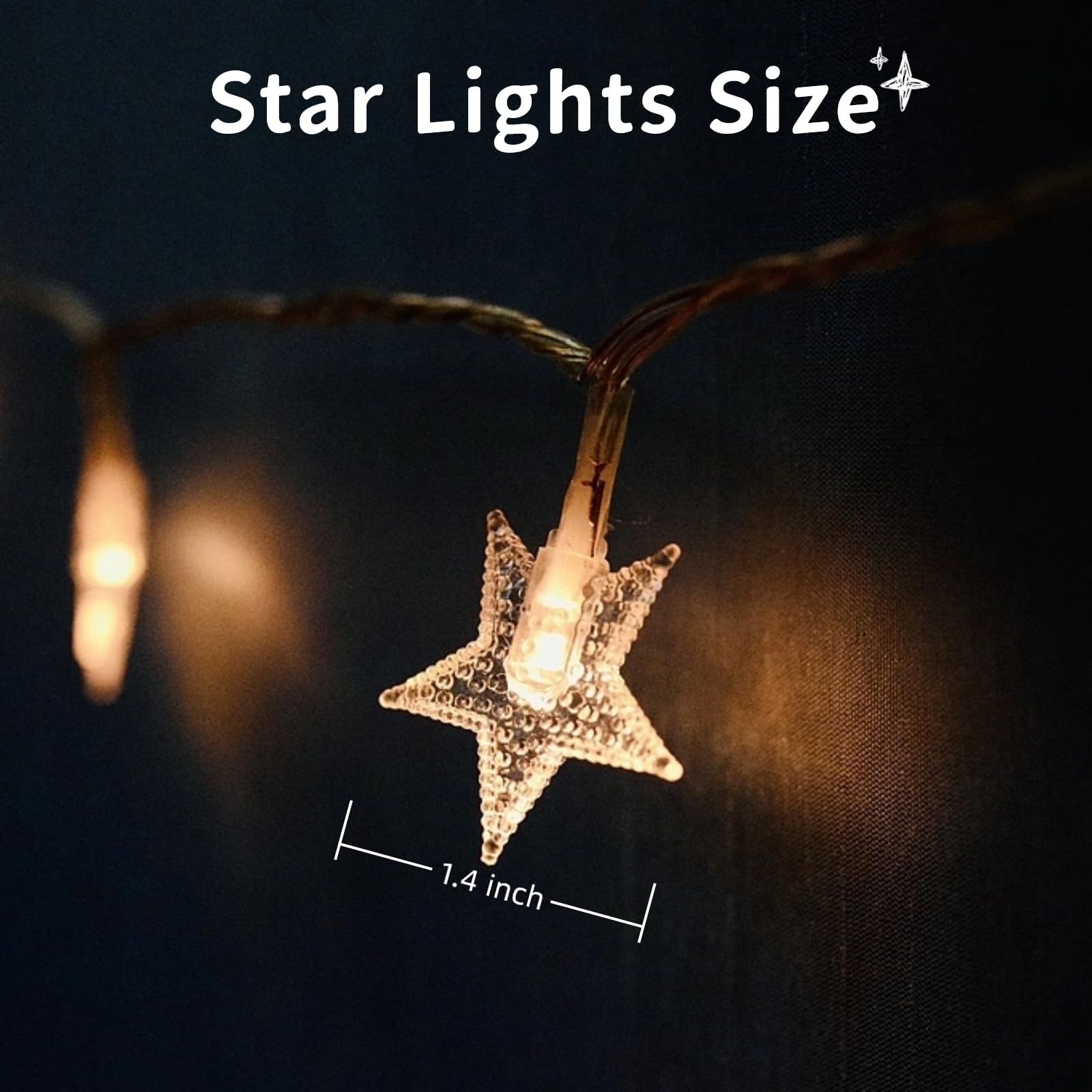 Yoitomehy Star String Lights, 17 ft, 50 LEDs, Battery Operated, Warm White, Model yunc601, Ideal for Bedroom, Wedding, Patio Decor
