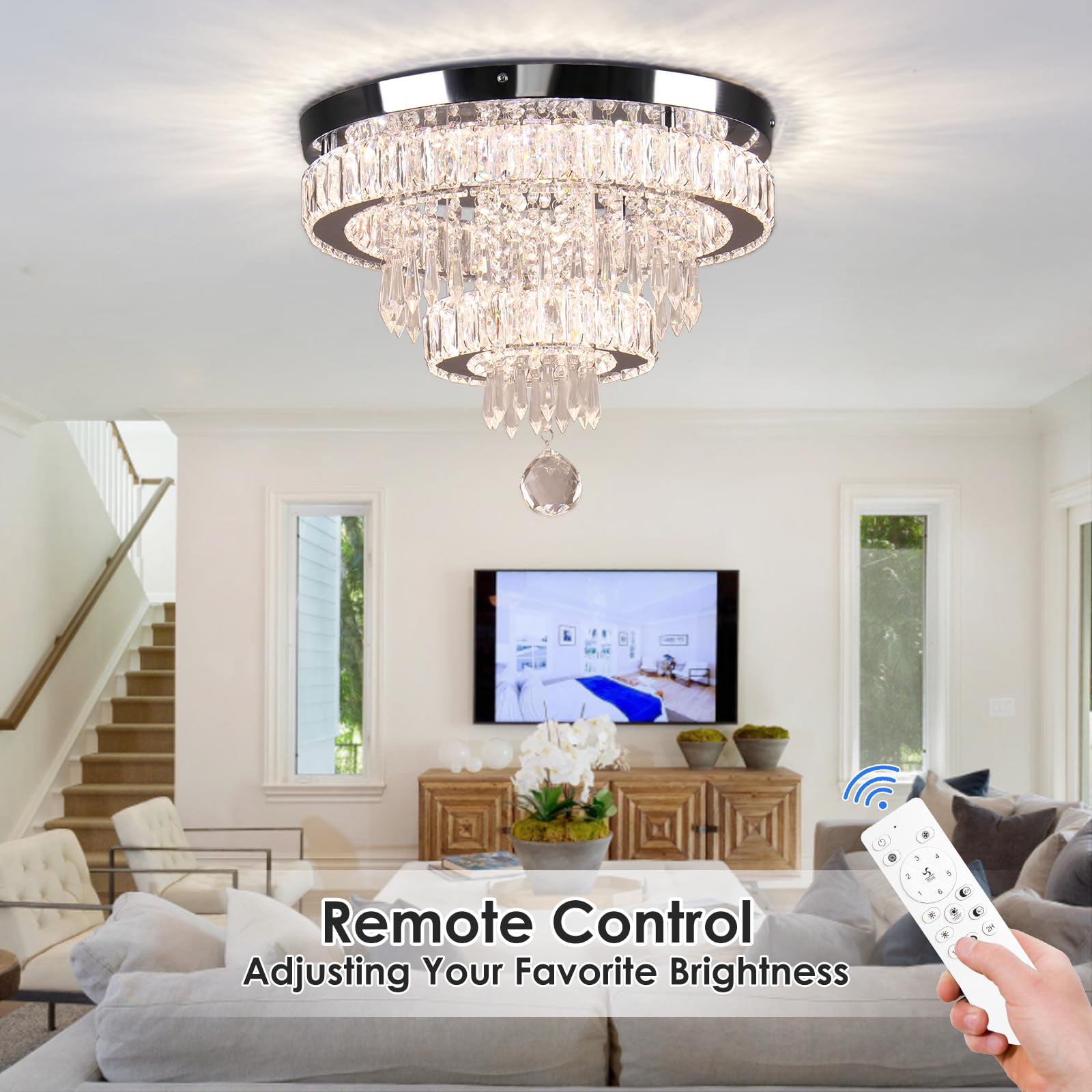 Cainjiazh Crystal Chandelier Flush Mount Light Fixture, 16in Dimmable, Remote Control, for Bedroom, Dining Room, Living Room