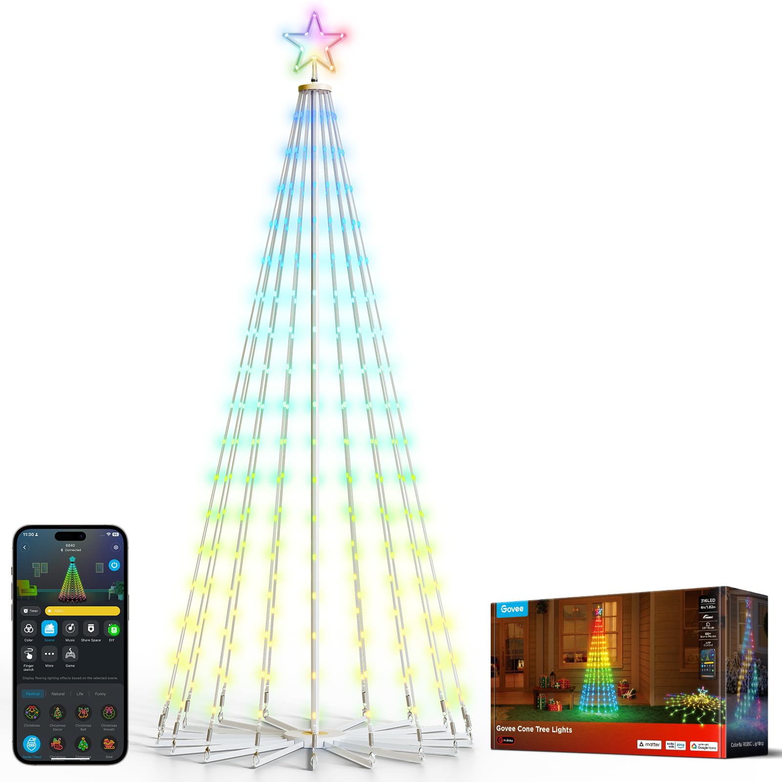 Govee Christmas Cone Tree Lights, 6ft 316 LEDs RGBIC Christmas Tree Lights with Smart App Control, IP67 Waterproof Outdoor Strin