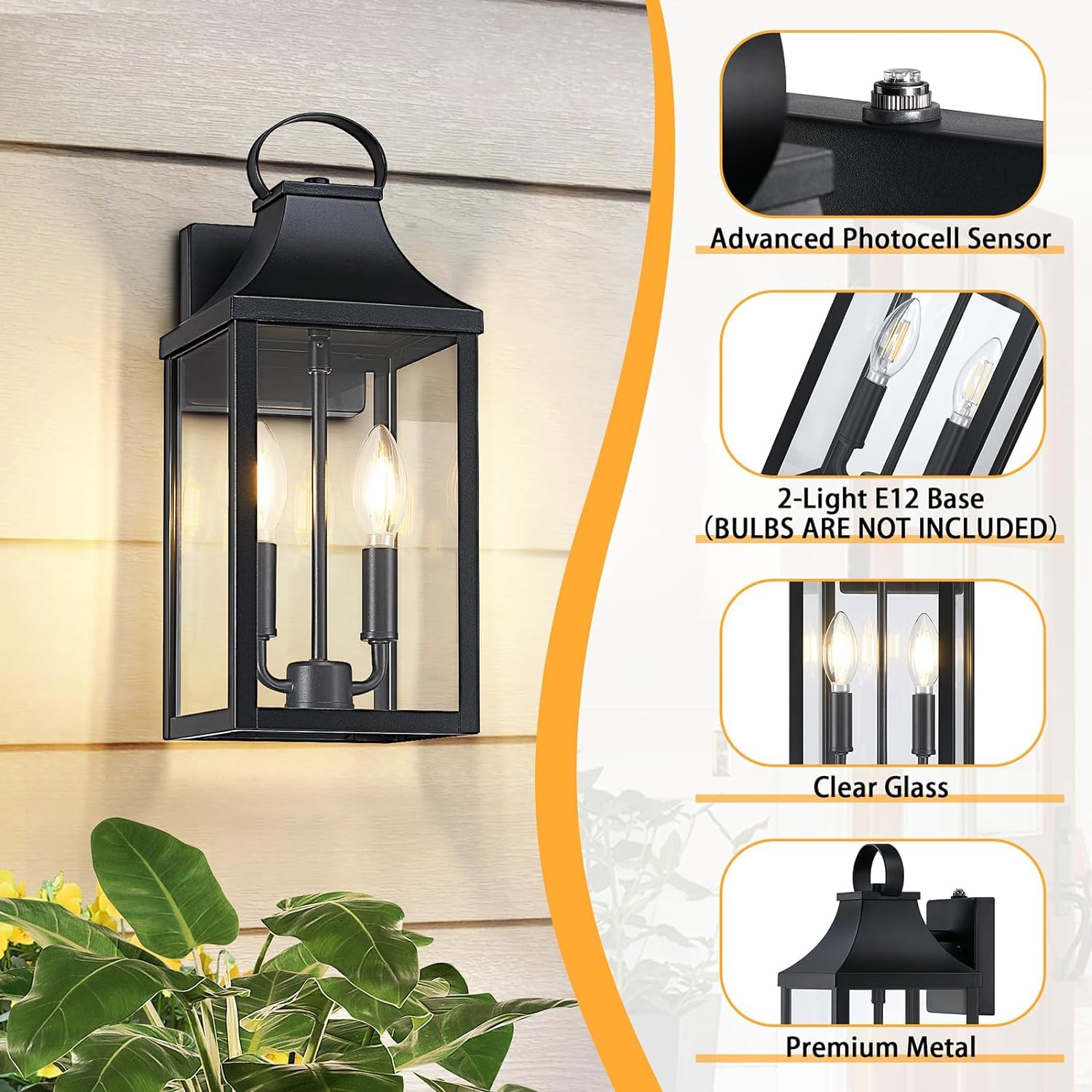 Myhxq 15" Dusk To Dawn Black Outdoor Wall Lantern 2-Light, Outside Modern Wall Sconce Light Fixture, Industrial Porch Light Wall Mount With E12 Sockets, Waterproof Exterior Lamp Lighting, Black