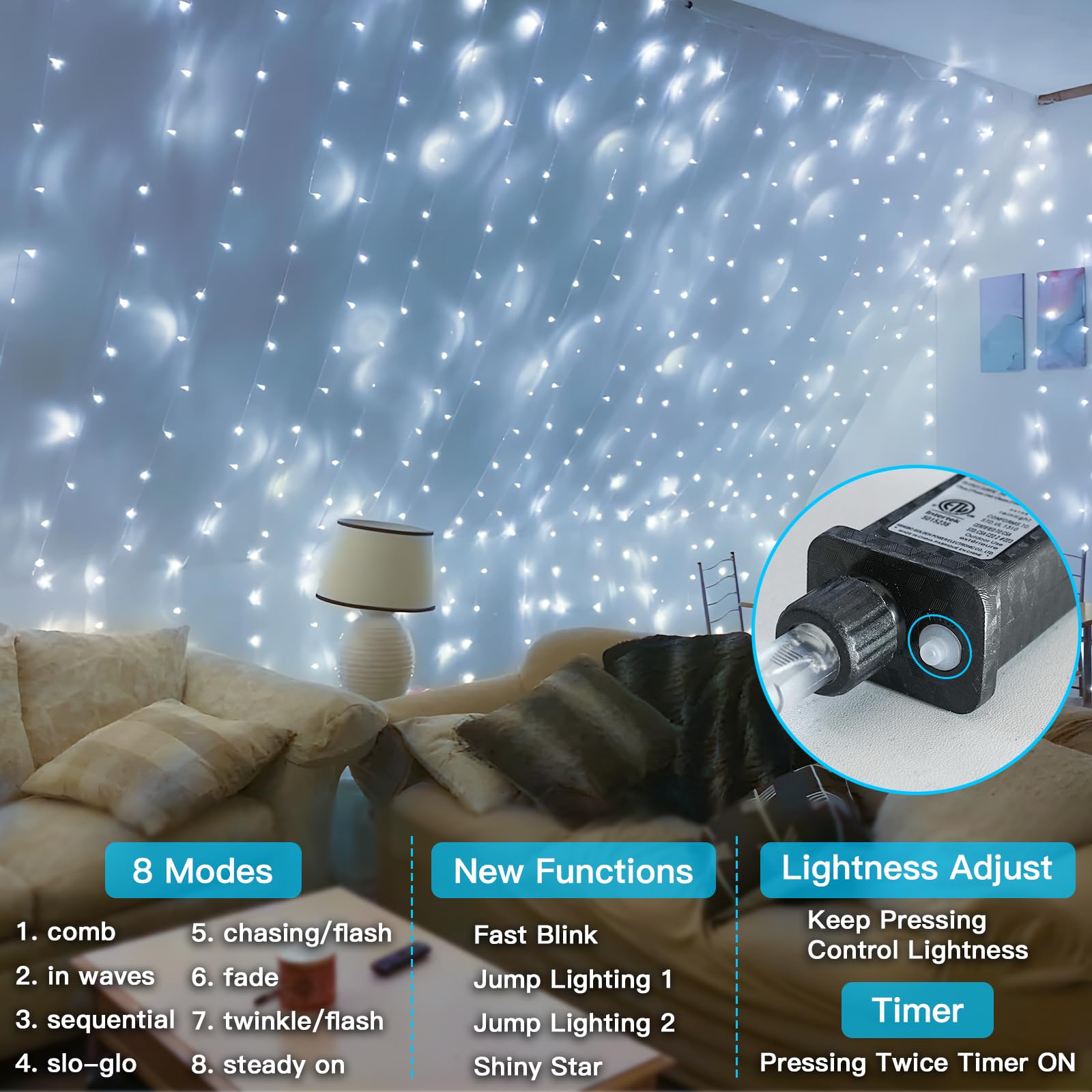 suddus 33ft 100 LED White String Lights, Connectable, 12 Modes, Indoor/Outdoor, Model SD-100STRW
