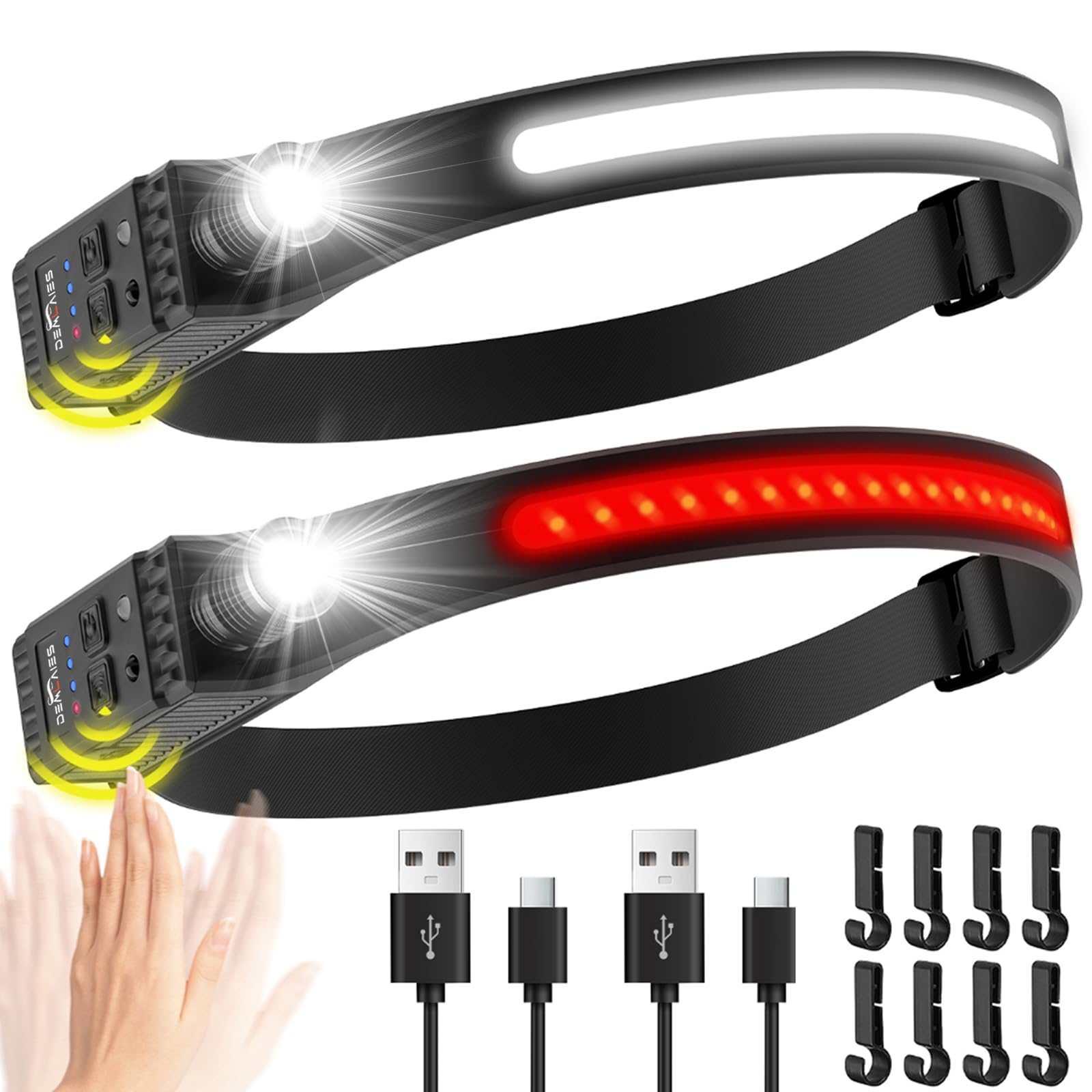 Headlamp Rechargeable Flashlight 2-Pack, 230? Wide Beam & Adjustable Focus Led Head Lamp With Red Light Motion Sensor, Head Ligh
