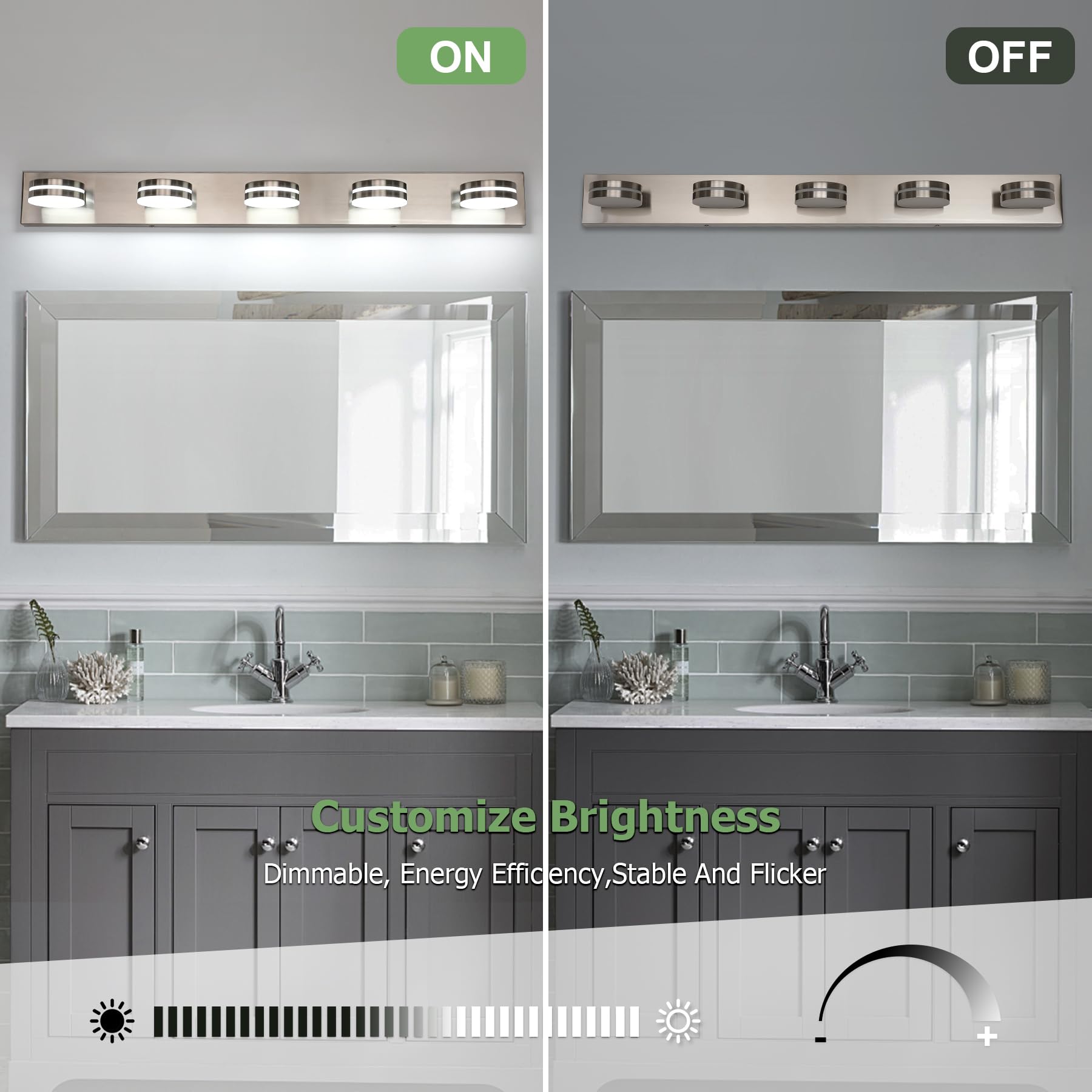 Bicrink Brushed Nickel Bathroom Light Fixtures Over Mirror  5-Light Bathroom Vanity Light  Led Dimmable Bath Lights  Modern Wall Mounted Lighting Fixture With Rotating Lamp Head