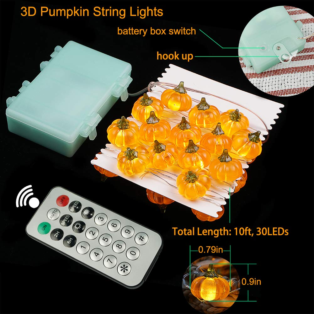 Bohon Halloween Lights 3D Jack-O-Lantern 10Ft 30 Leds Pumpkin String Lights Battery Powered Orange Lights For Halloween Party Indoor Fall Outdoor Harvest Thanksgiving Decorations